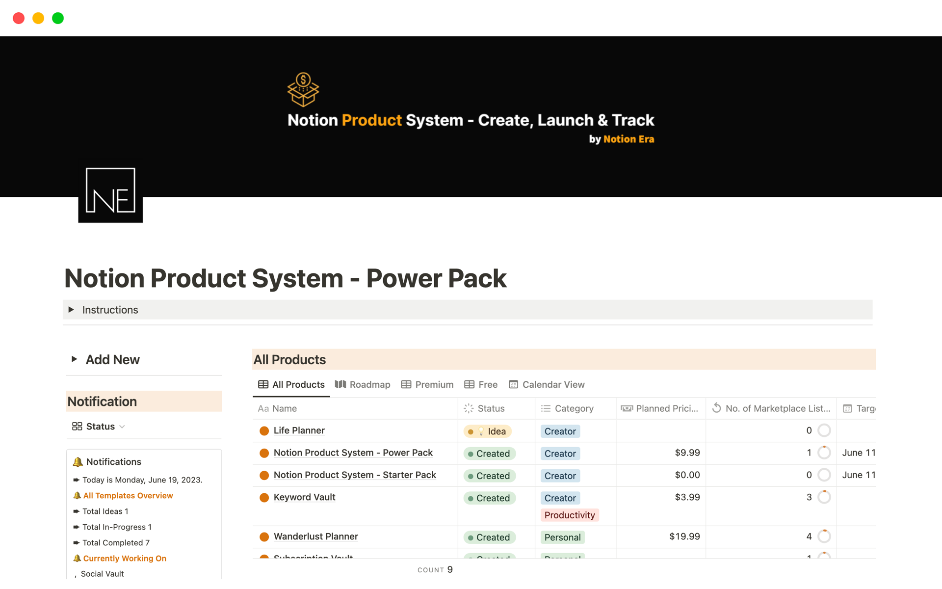 Notion Product Systemのテンプレートのプレビュー