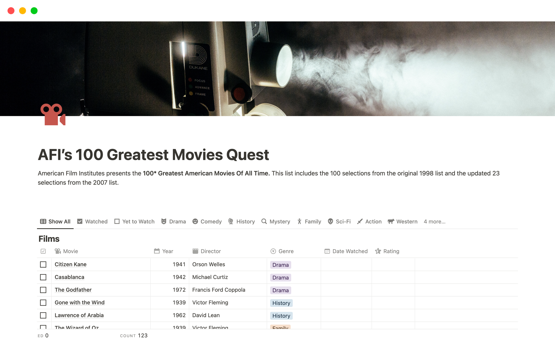 A template preview for AFI's 100 Greatest Movies Quest