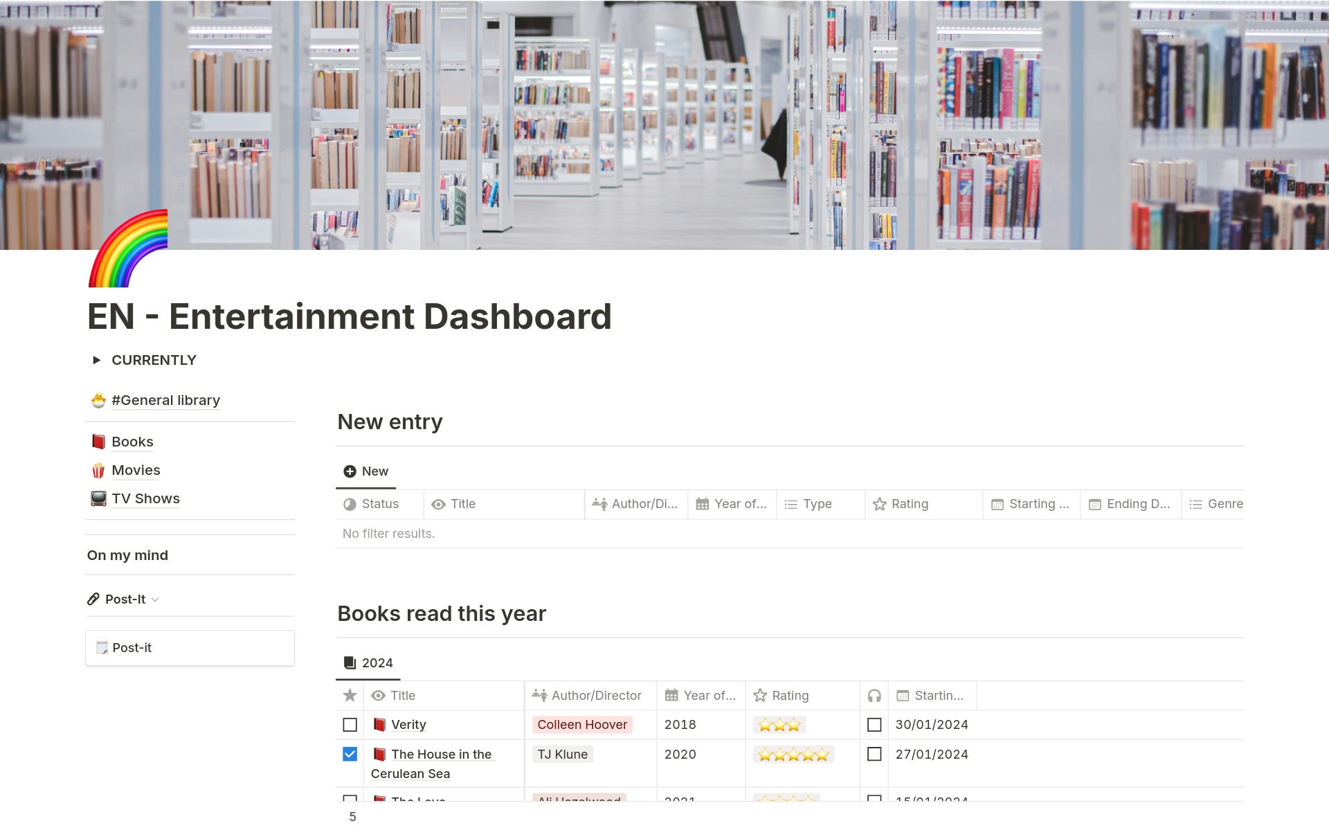 This template helps you to keep track of your books, movies and tv shows.