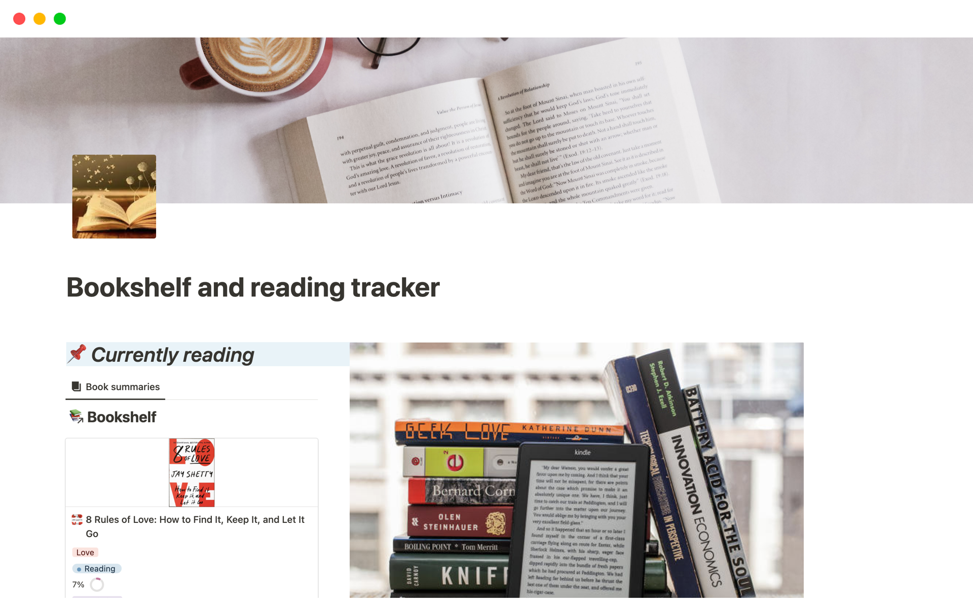 A template preview for Bookshelf and reading tracker