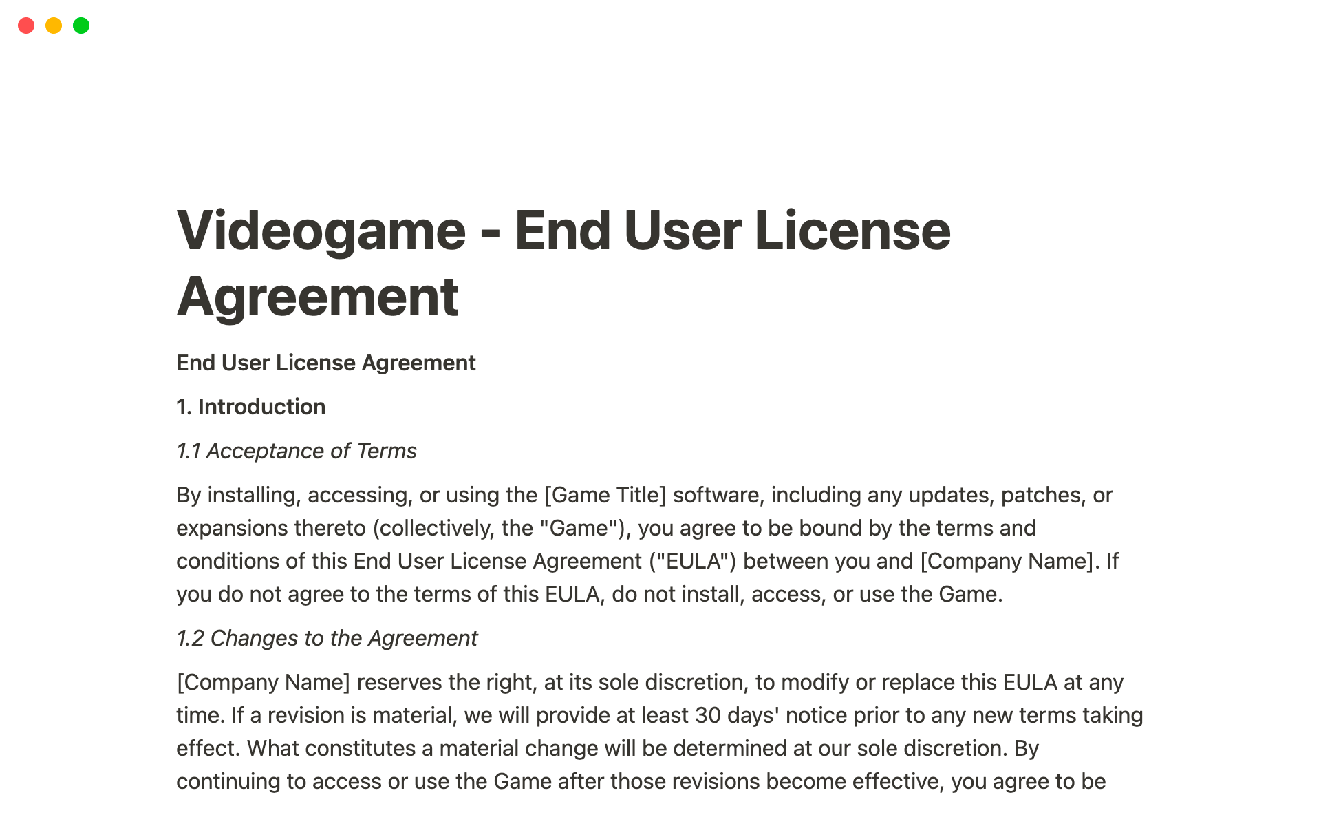 Vista previa de una plantilla para Videogame - End User License Agreement