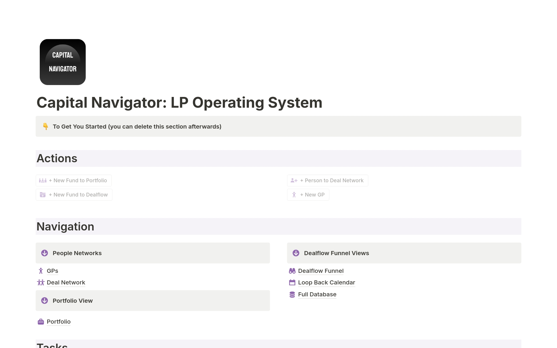 Vista previa de una plantilla para Capital Navigator: OS for Limited Partners