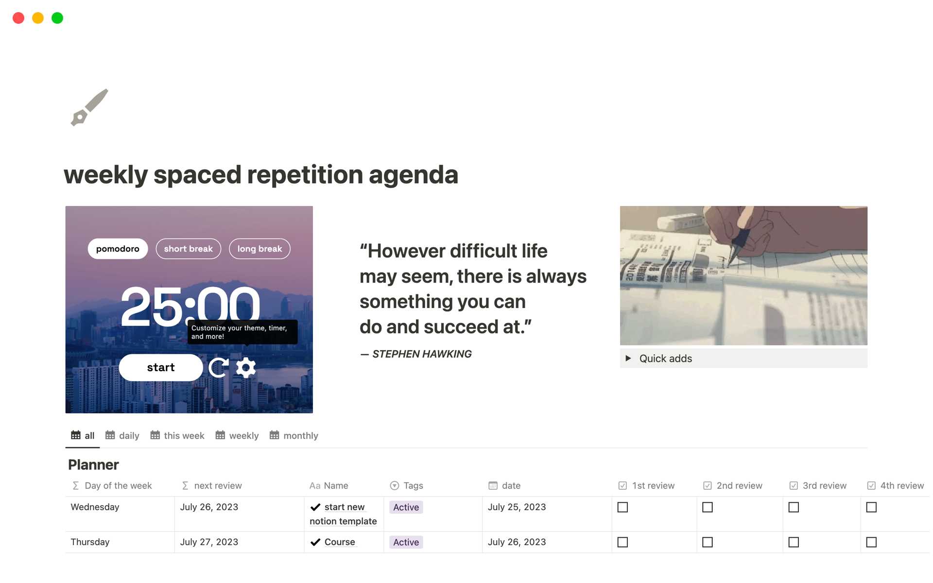 A template preview for weekly spaced repetition agenda