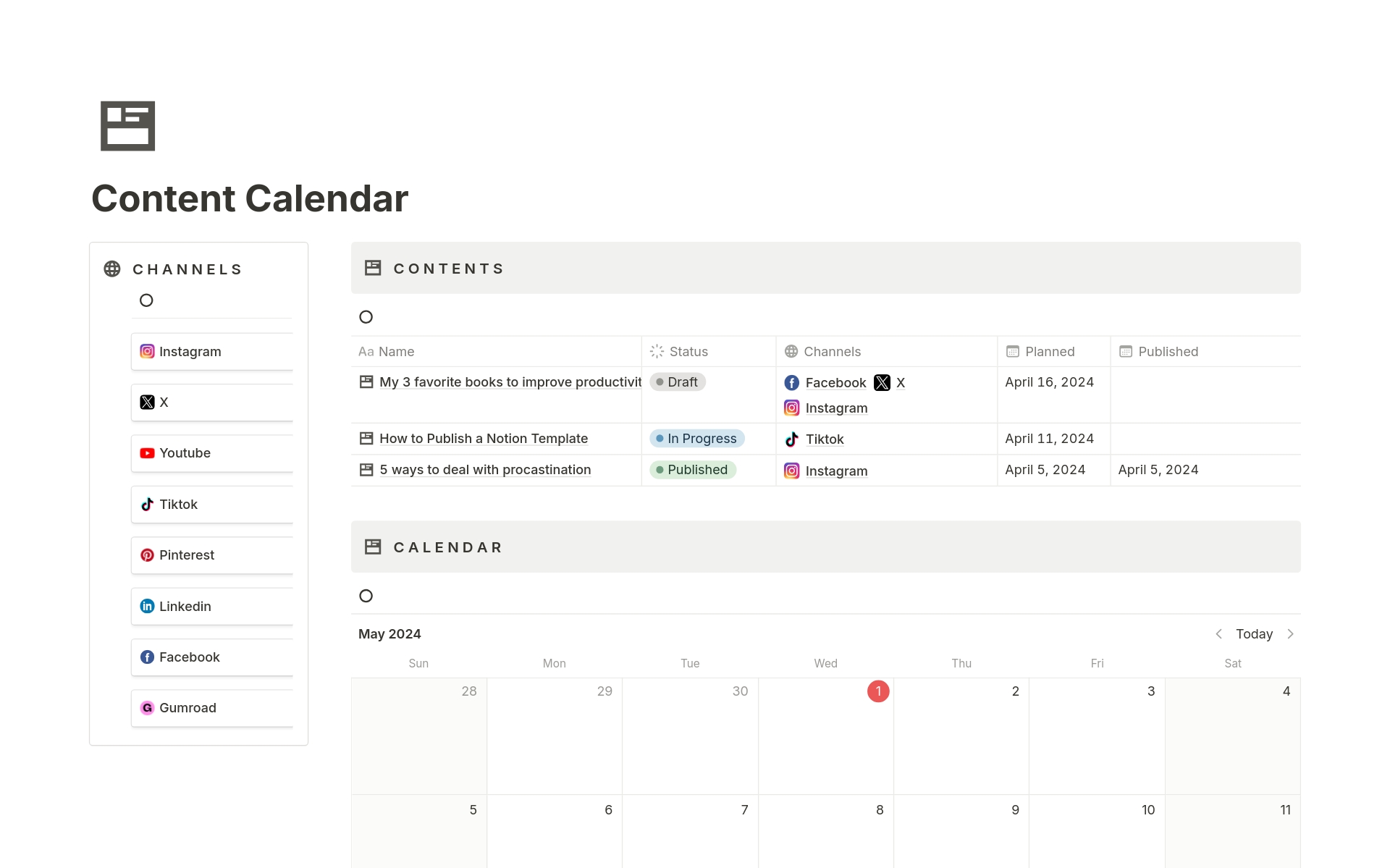Vista previa de plantilla para Content Calendar