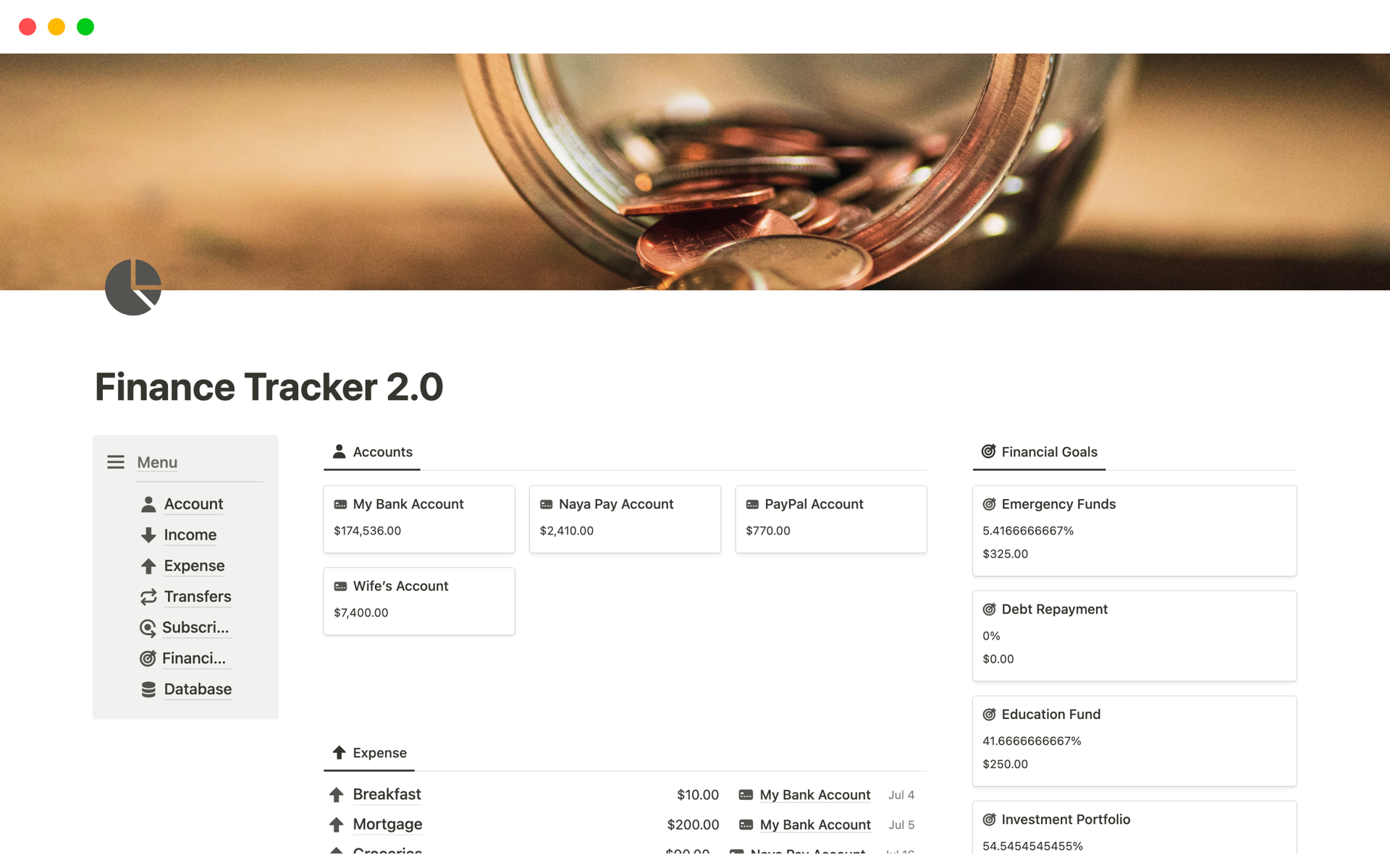 A template preview for Finance Tracker 2.0