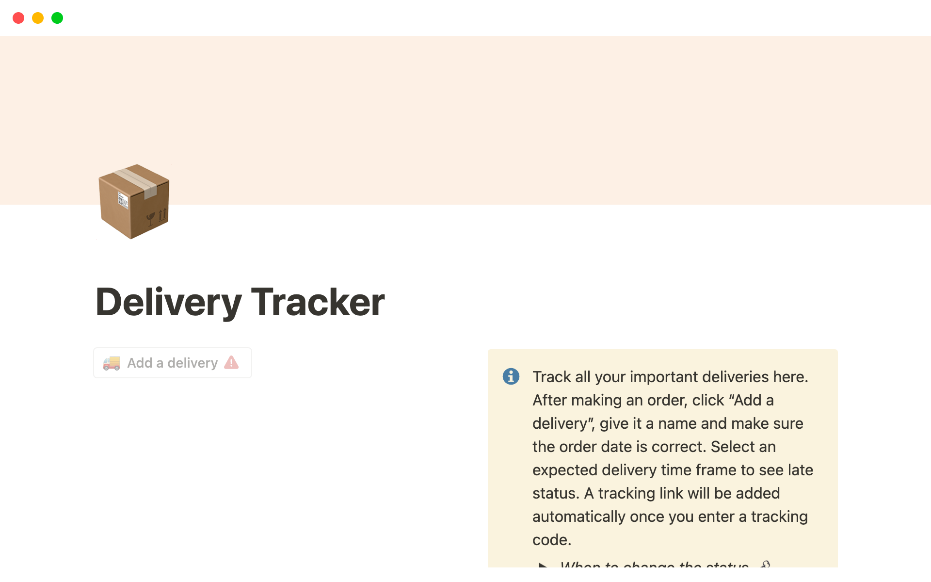 A template preview for Delivery Tracker