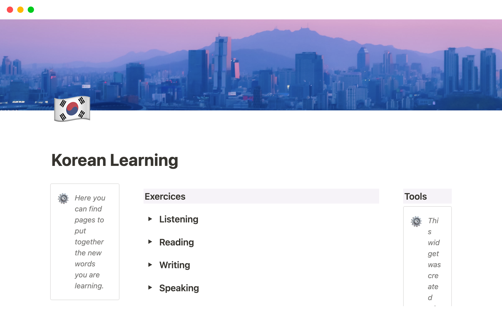 A template preview for Planner for Korean Learning
