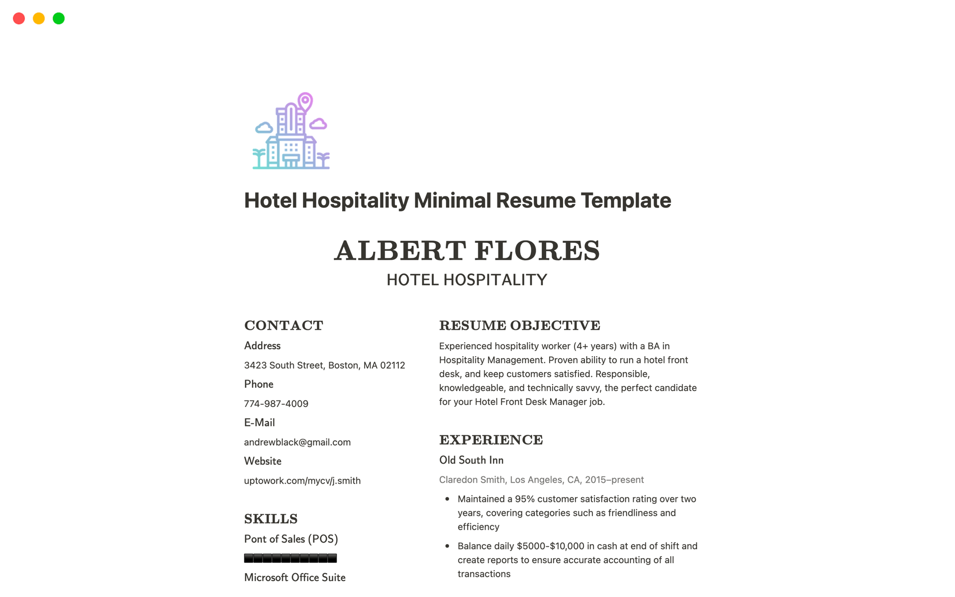 A template preview for Hotel Hospitality Minimal Resume
