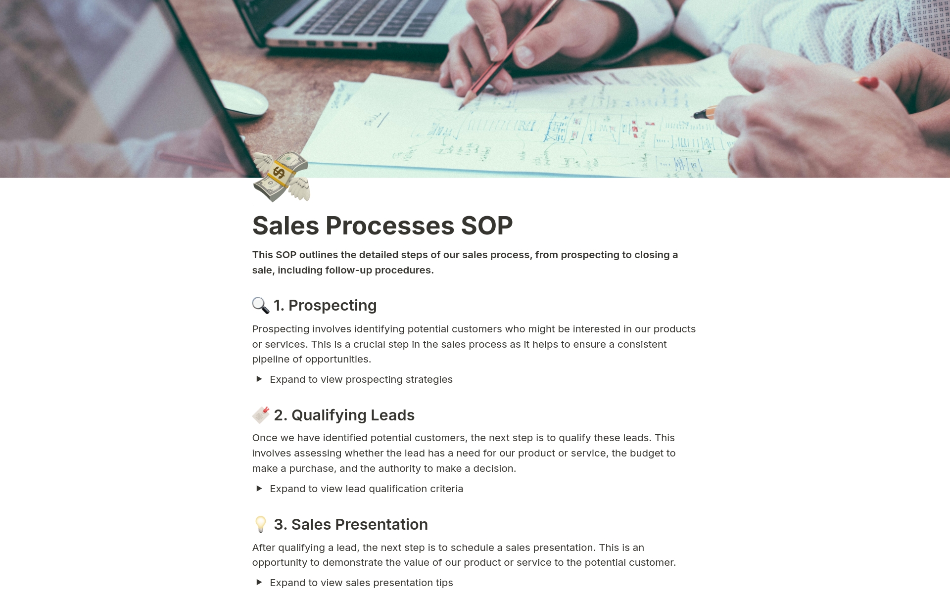 A template preview for Sales Processes SOP