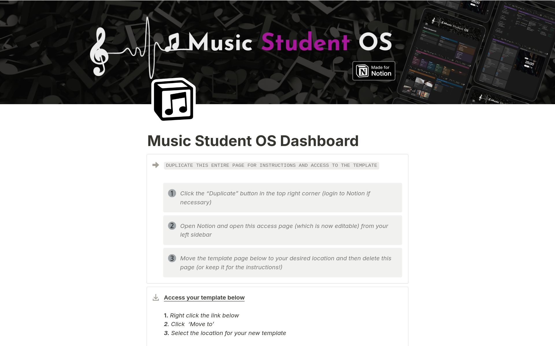En forhåndsvisning av mal for Music Student OS Dashboard