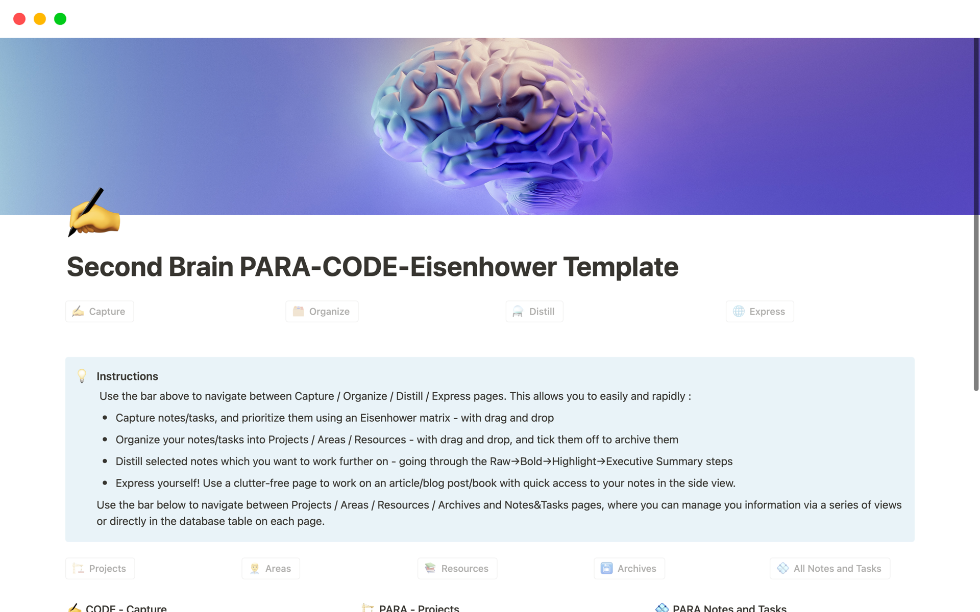 My Second Brain PARA-CODE-Eisenhowerのテンプレートのプレビュー