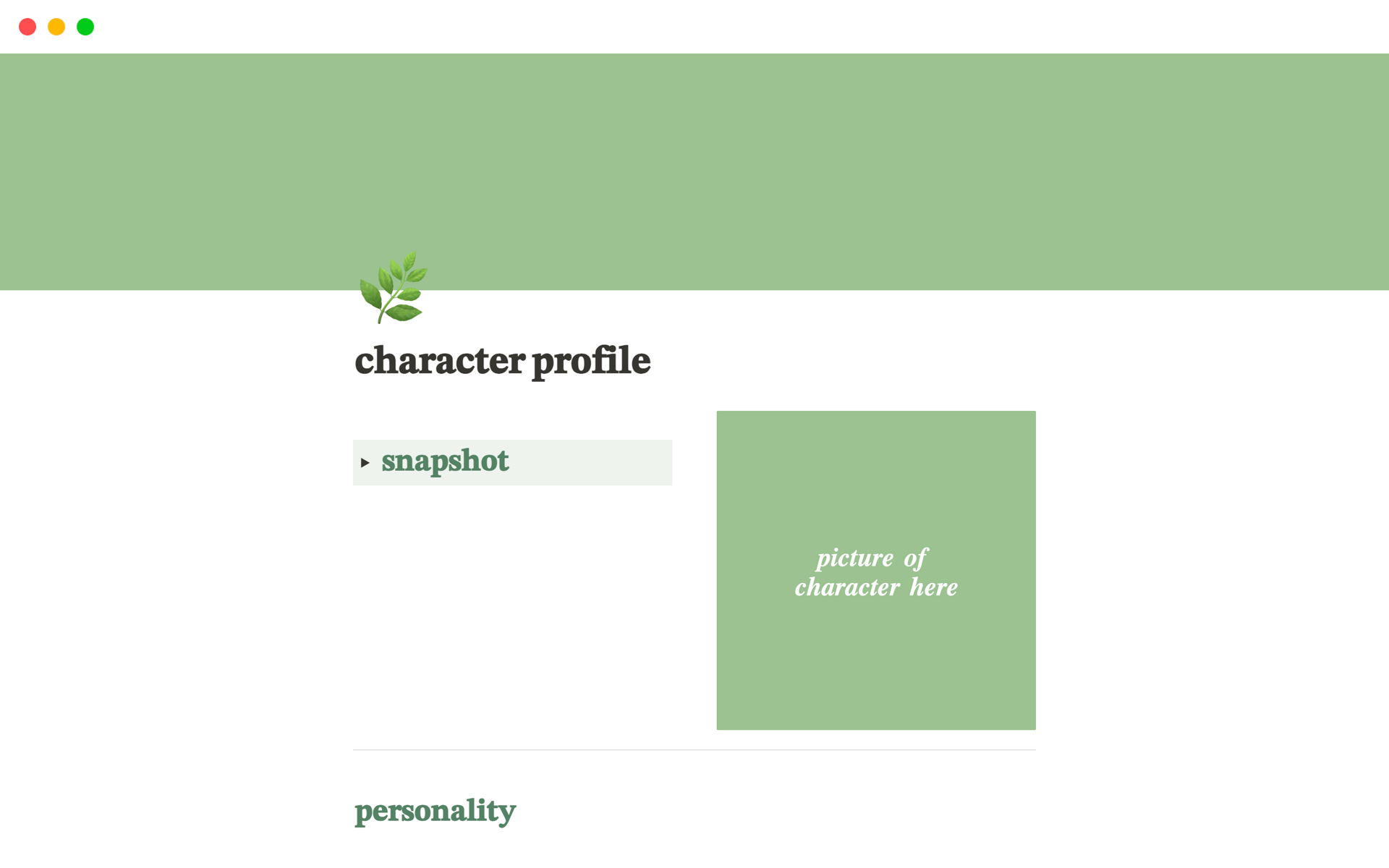 a customizable profile page for characters for your novel or writing project.