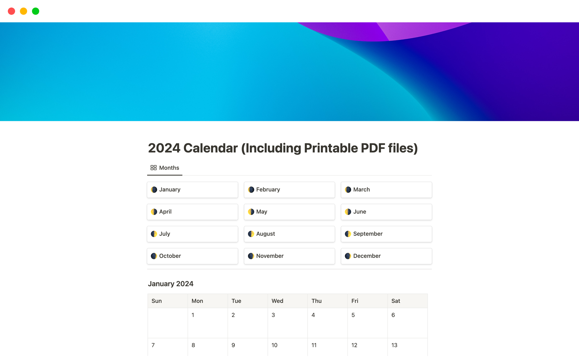 The 2024 Notion Calendar Template is ready-to-use, fully customizable with a blank format, and includes printable PDFs for your planning needs.