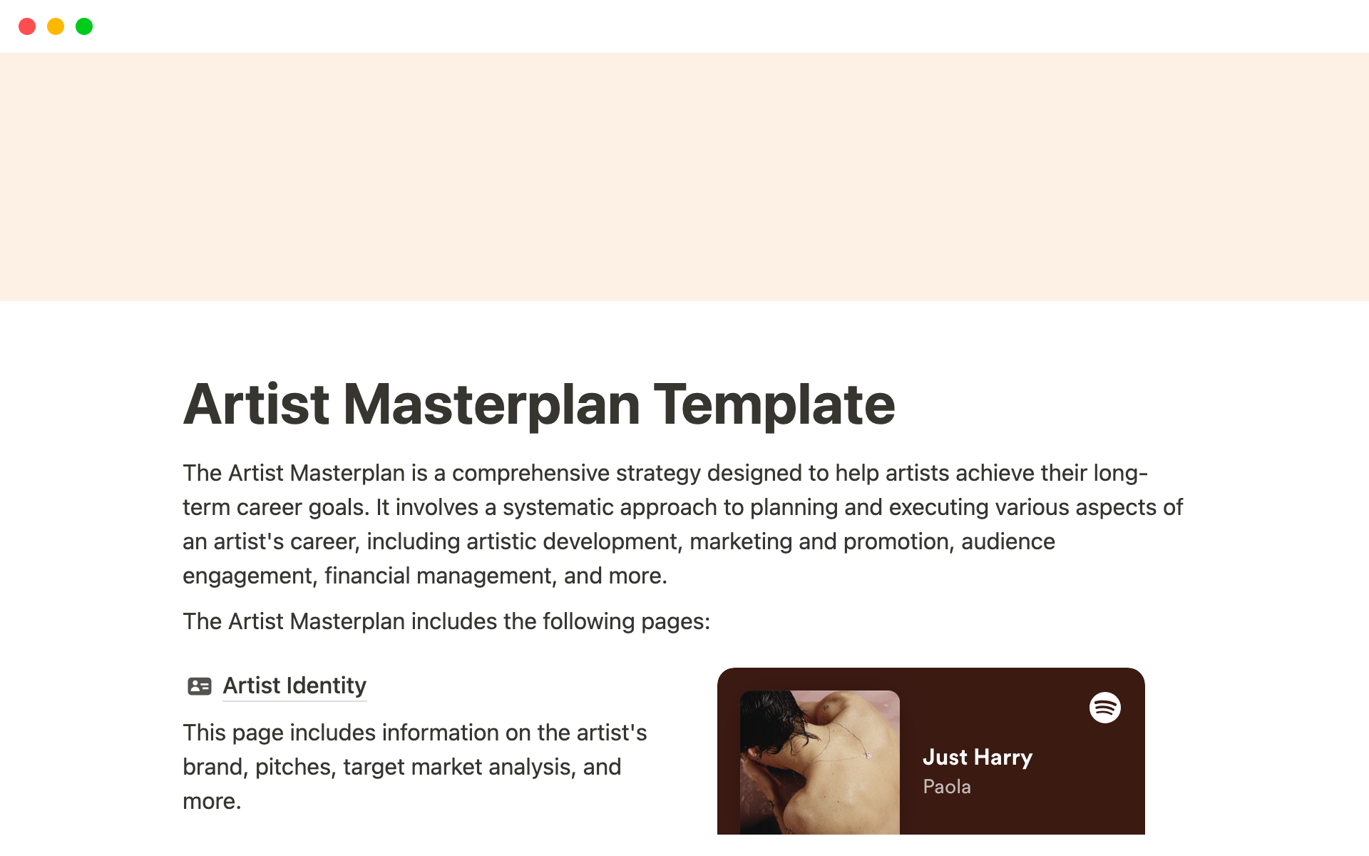 A template preview for The Artist Masterplan
