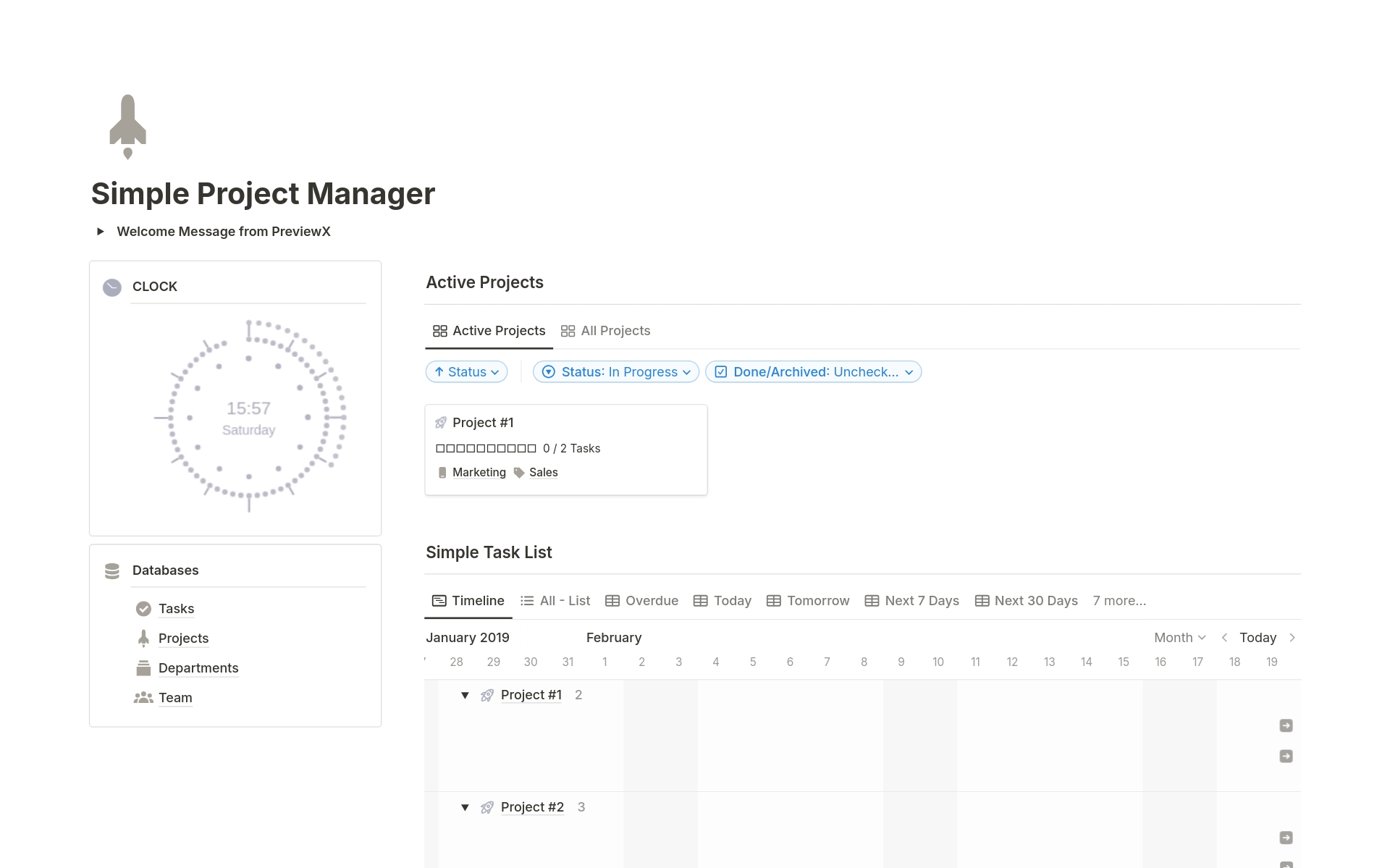 Vista previa de una plantilla para Simple Project Manager