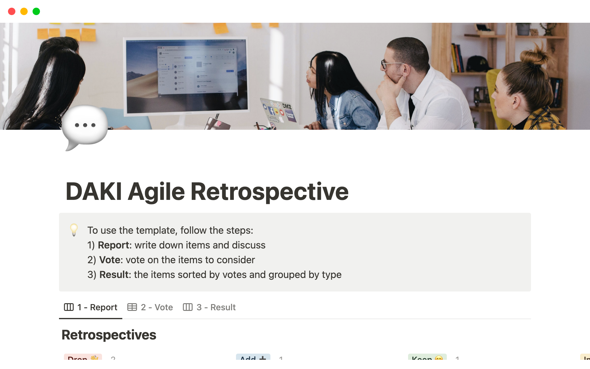 A template preview for DAKI Agile Retrospective