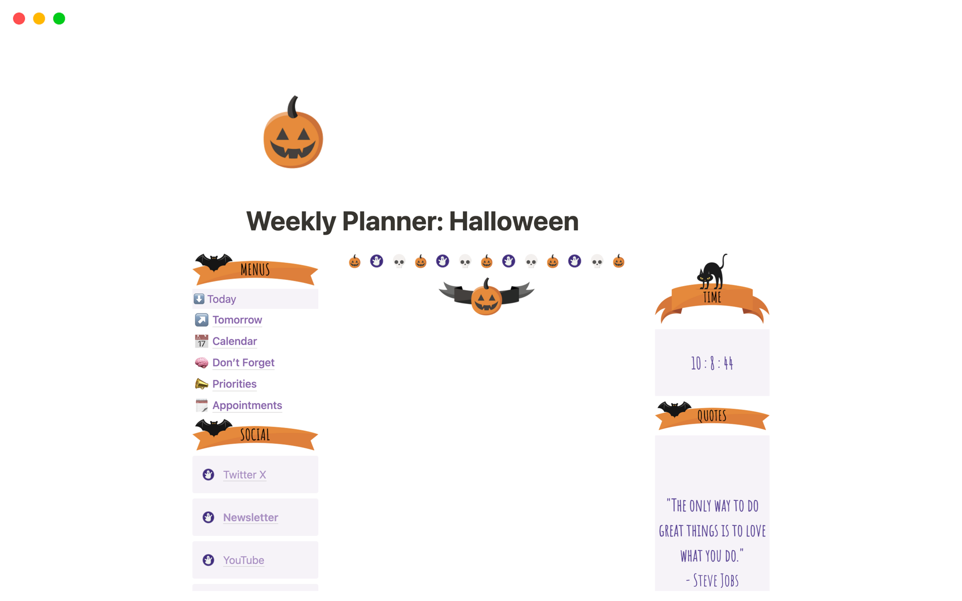Experience a sweet Notion weekly planner with a Halloween theme.