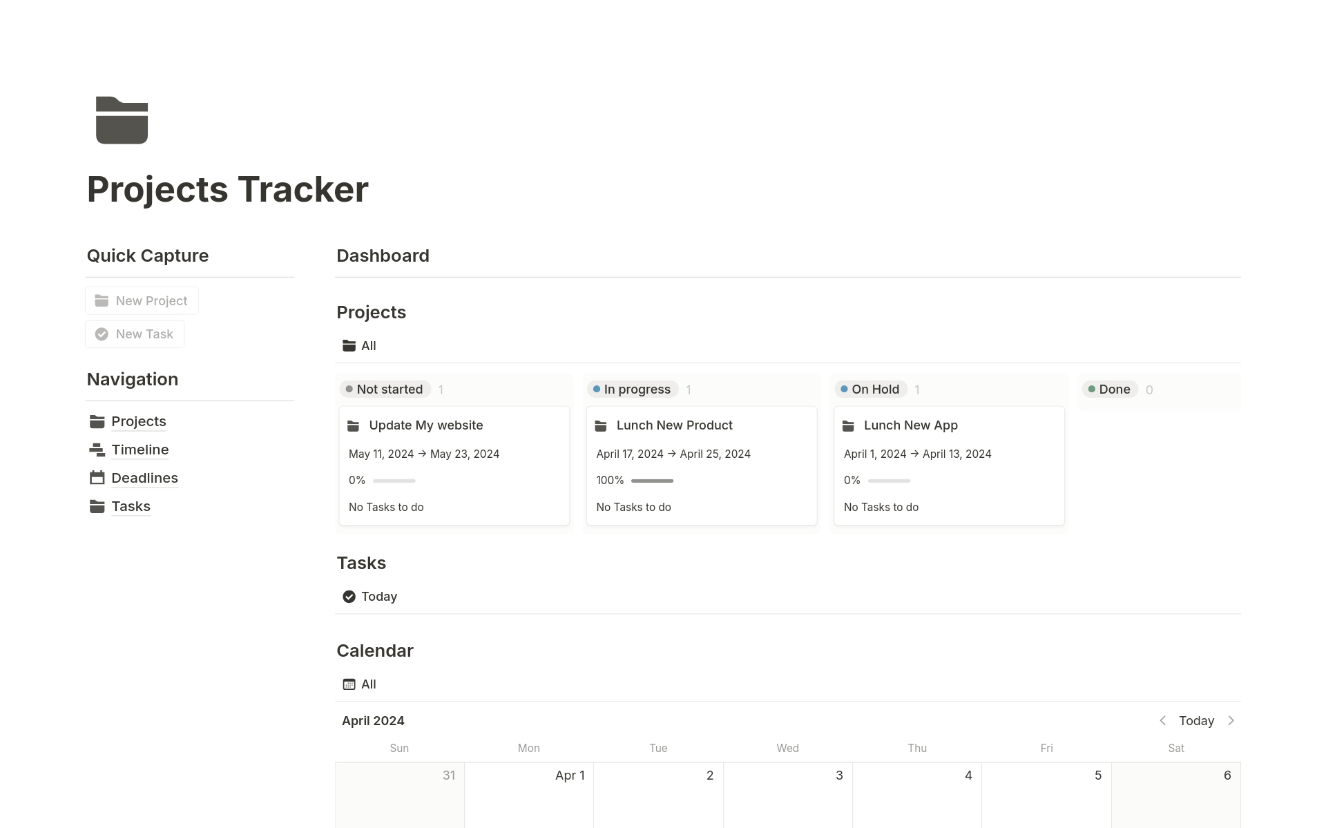 Eine Vorlagenvorschau für Projects Tracker