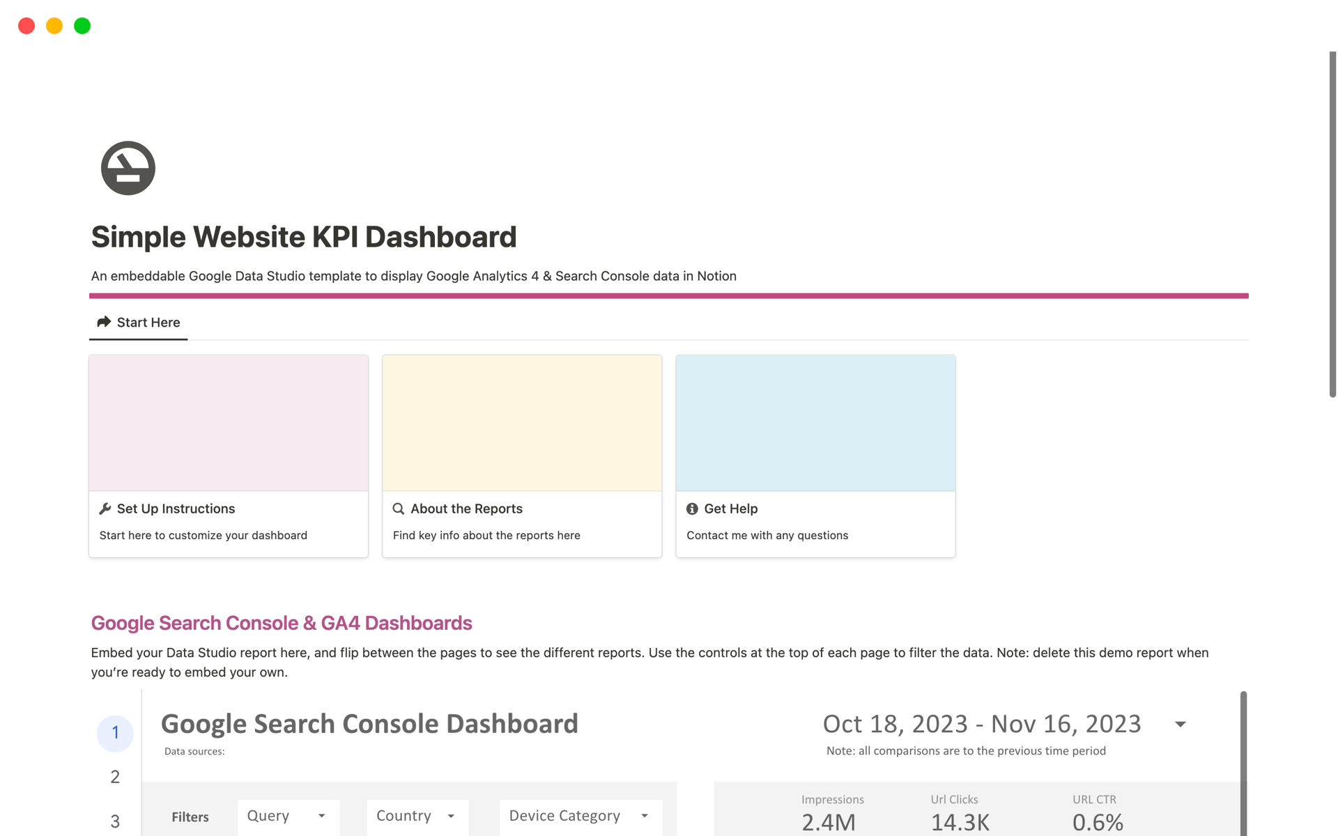 Visualize your Google Analytics 4 & Google Search Console data right inside Notion with this template with an embeddable Google Data Studio report.