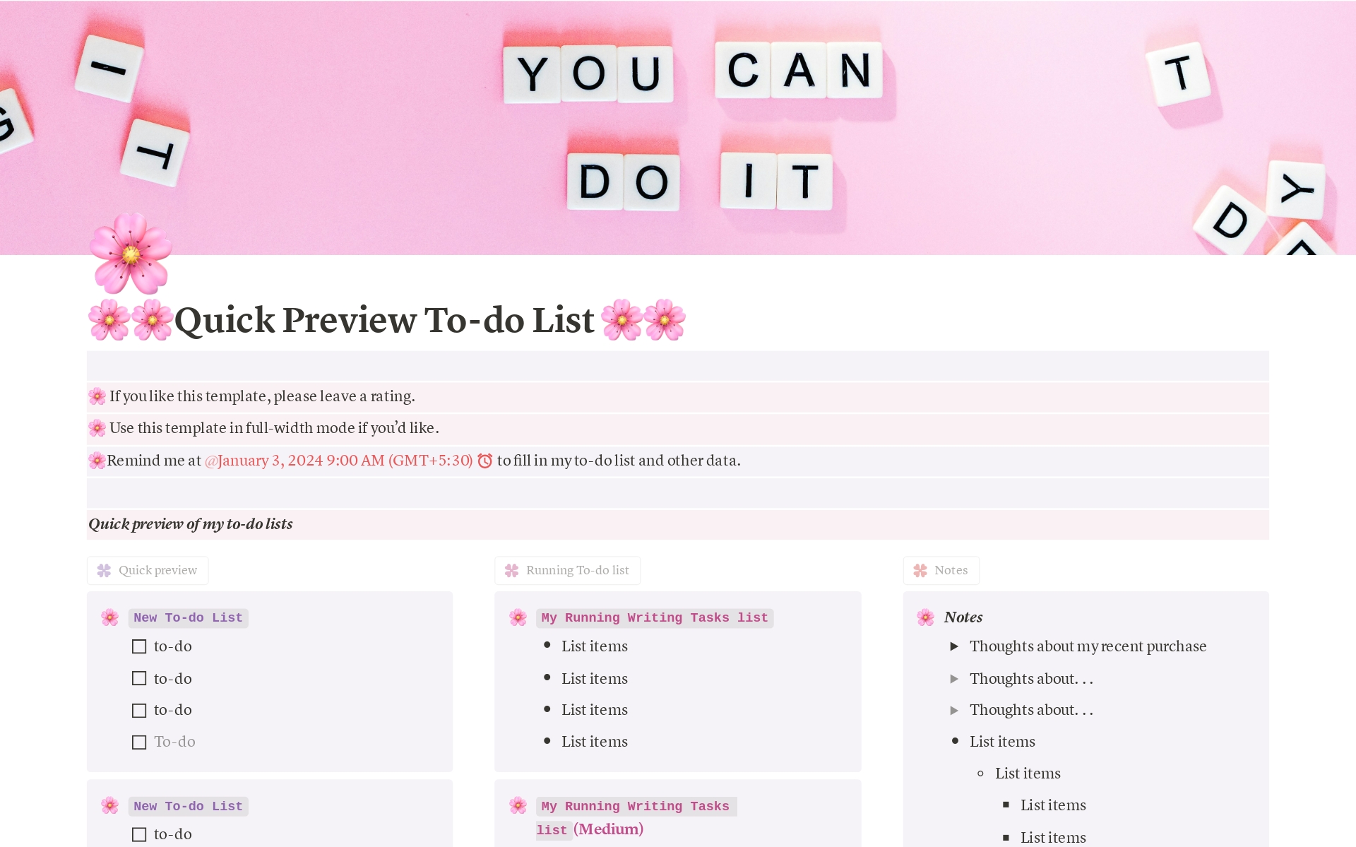 Struggling with keeping track of your daily to-dos and notes?

This quick preview to-do list planner solves that problem for you.

Introducing the "Aesthetic & Simple Quick Preview To-do List" Notion template – your ultimate tool for streamlined planning and task management. 