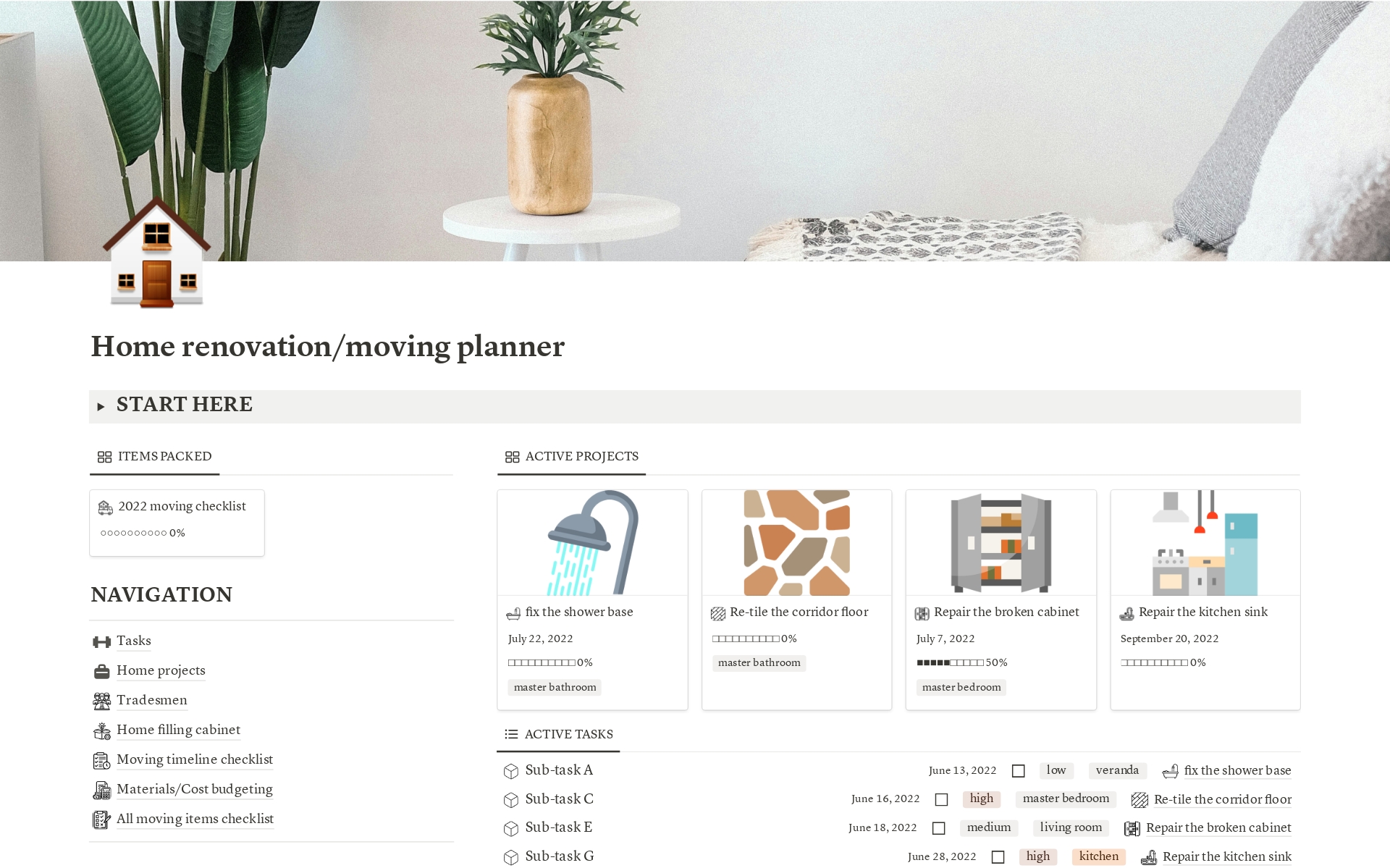 A template preview for Home renovation and moving planner