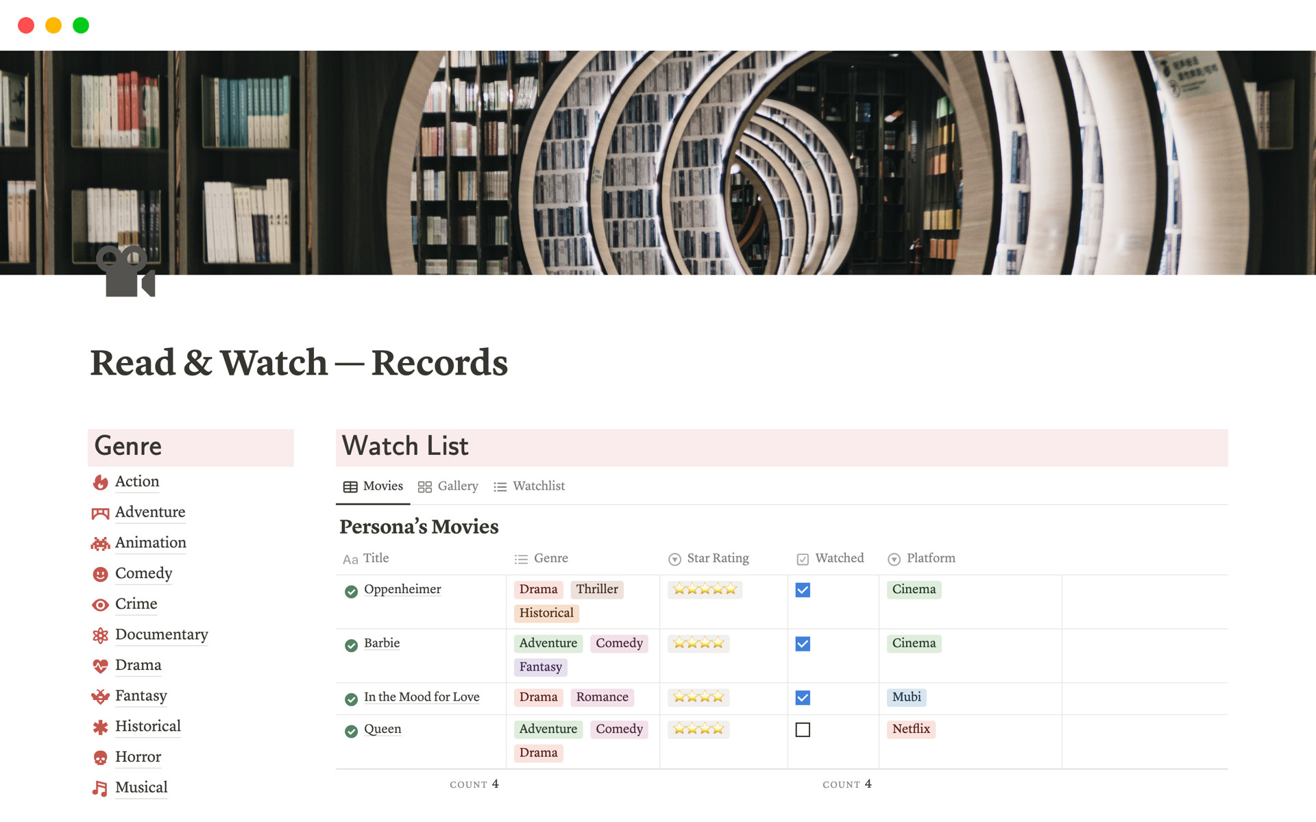 User-friendly read & watch records template is designed to help you record and organize all the books you've read and the movies or shows you've watched in one convenient place!