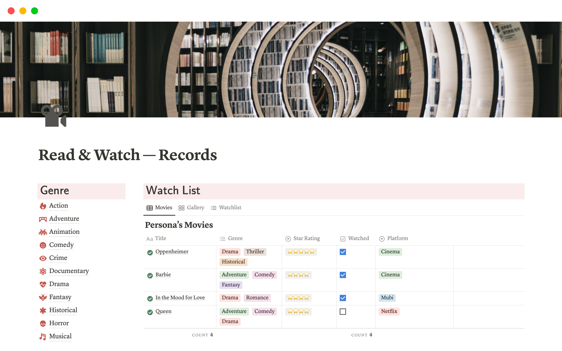 Read & Watch — Records Notion Template