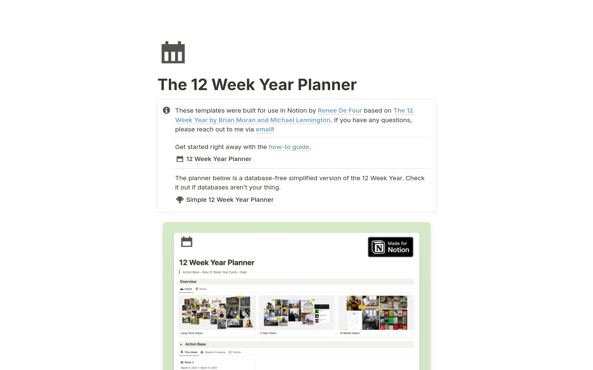 Inspired by 'The 12 Week Year,' this Notion template provides a fresh approach to goal achievement. Instead of year-long plans, it guides you to break down annual objectives into focused 3-month increments and prioritize high-impact actions.