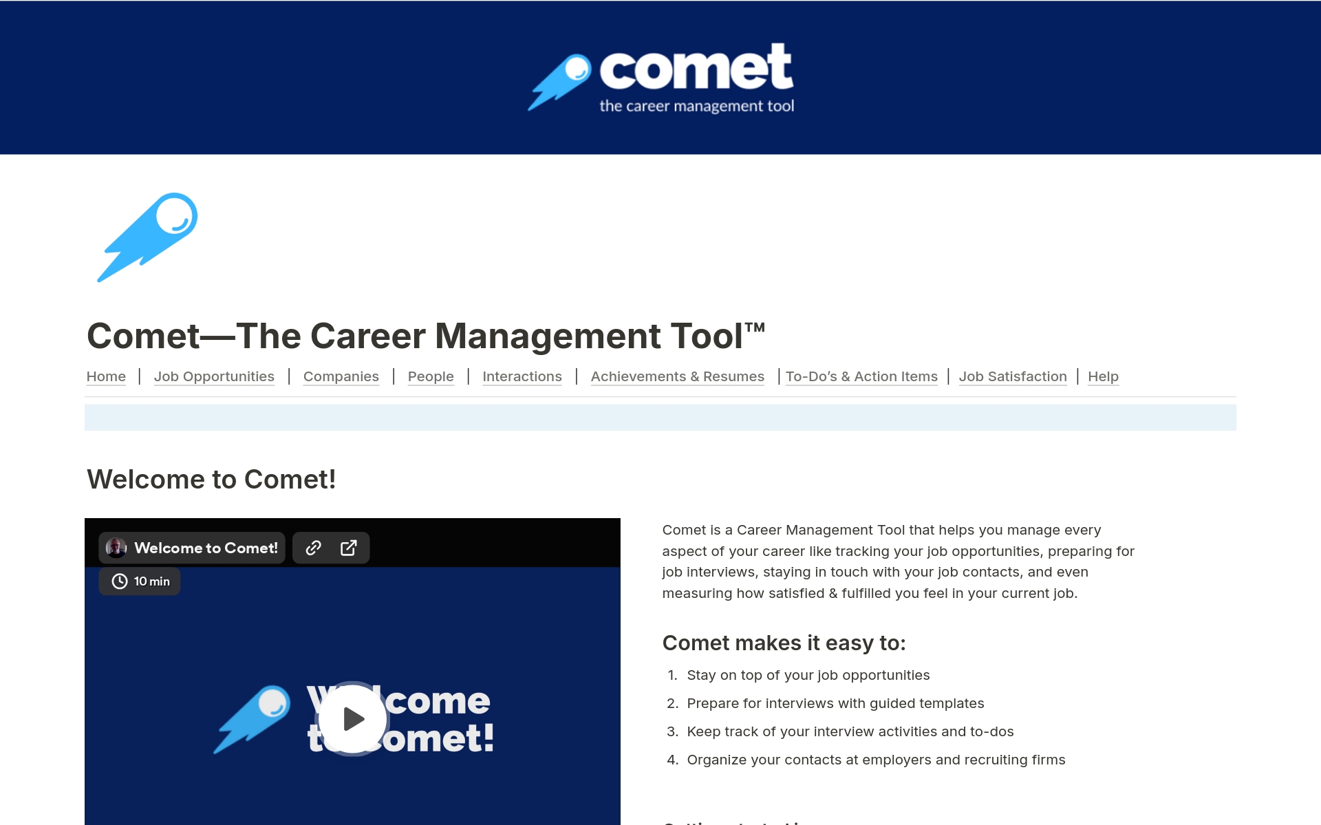 Vista previa de una plantilla para Comet - The Career Management Tool