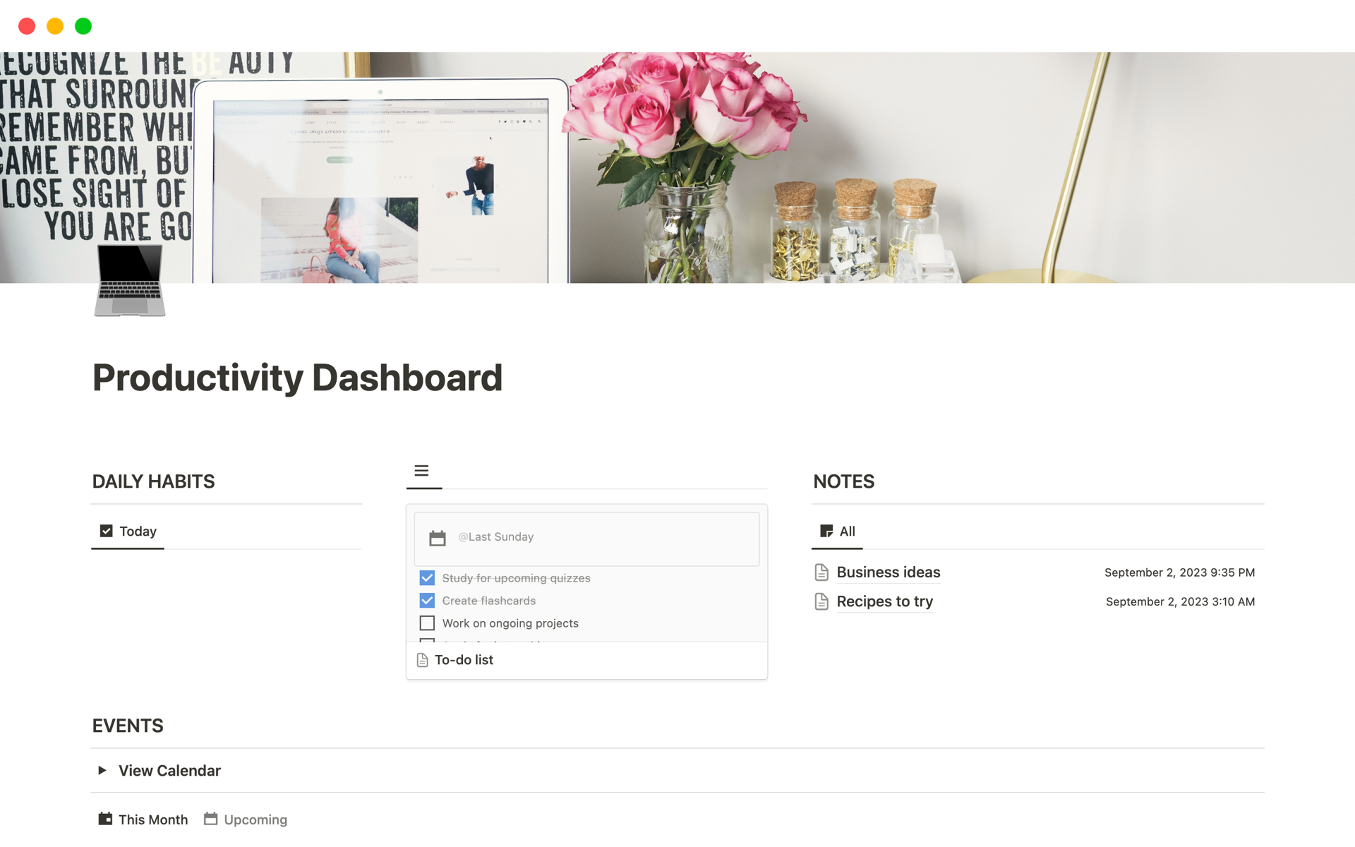 This productivity dashboard is a central hub for all your to-do lists, notes, events, and more!