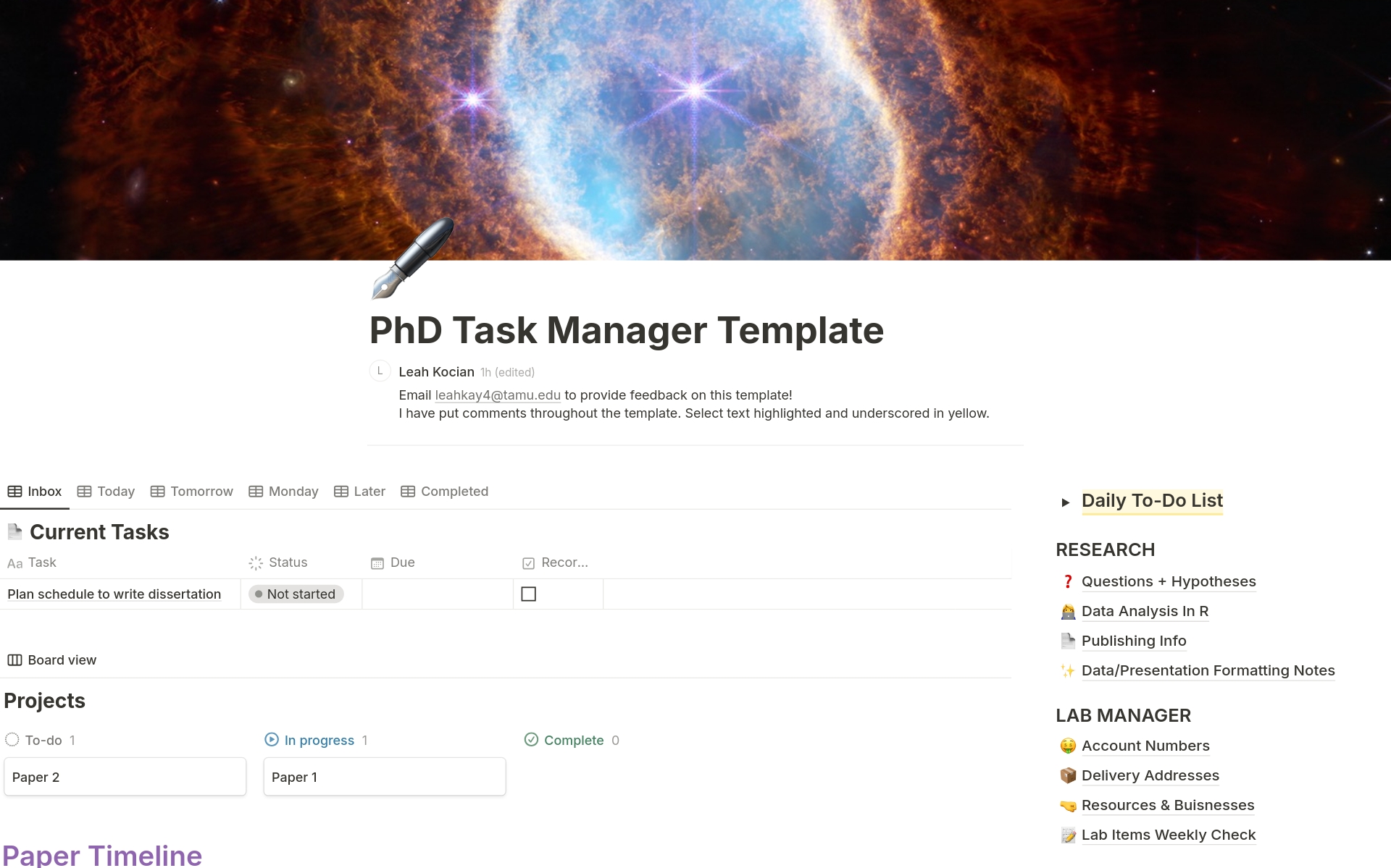 A template preview for PhD Task Manager