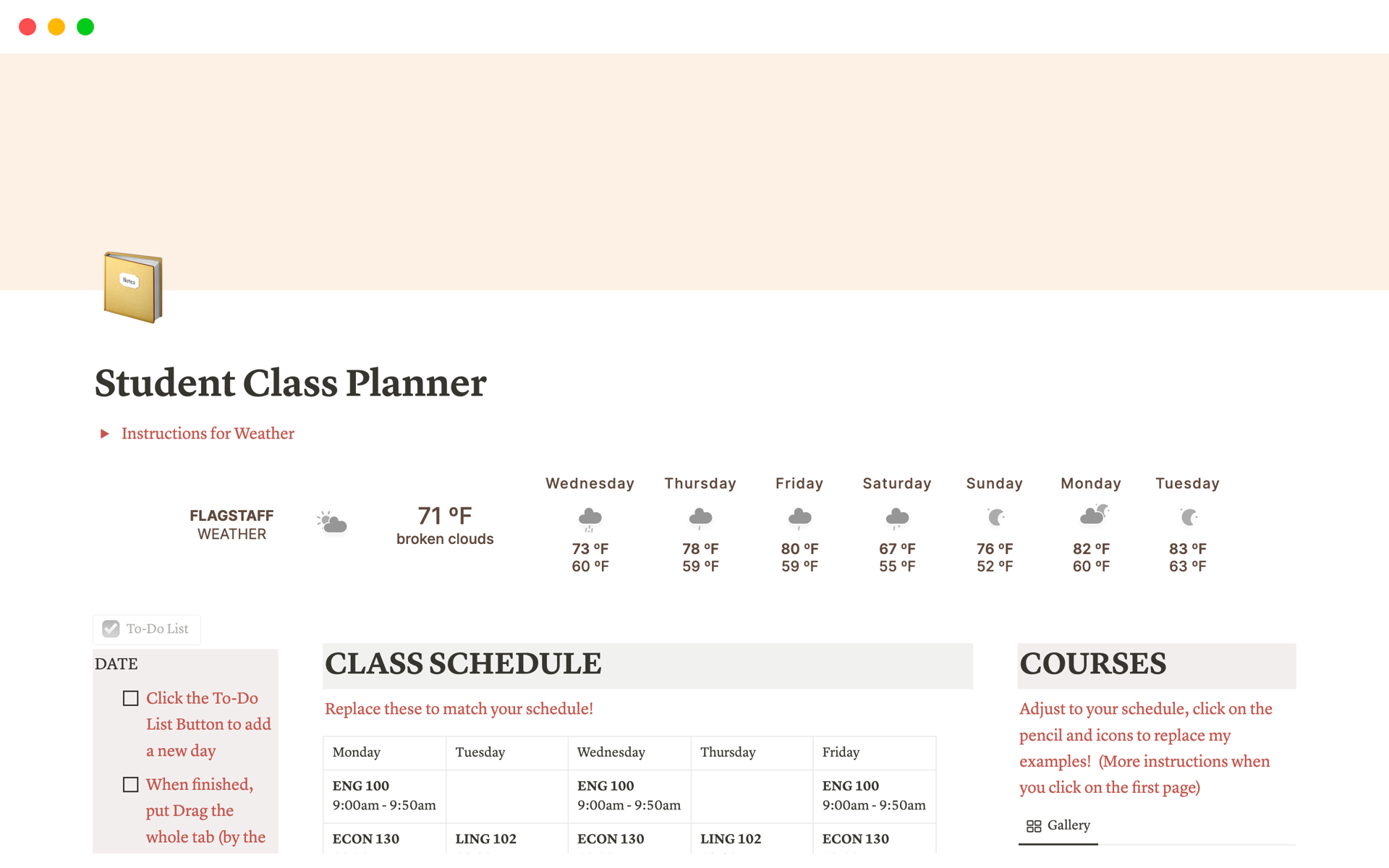 A template preview for Simple Student Class Planner