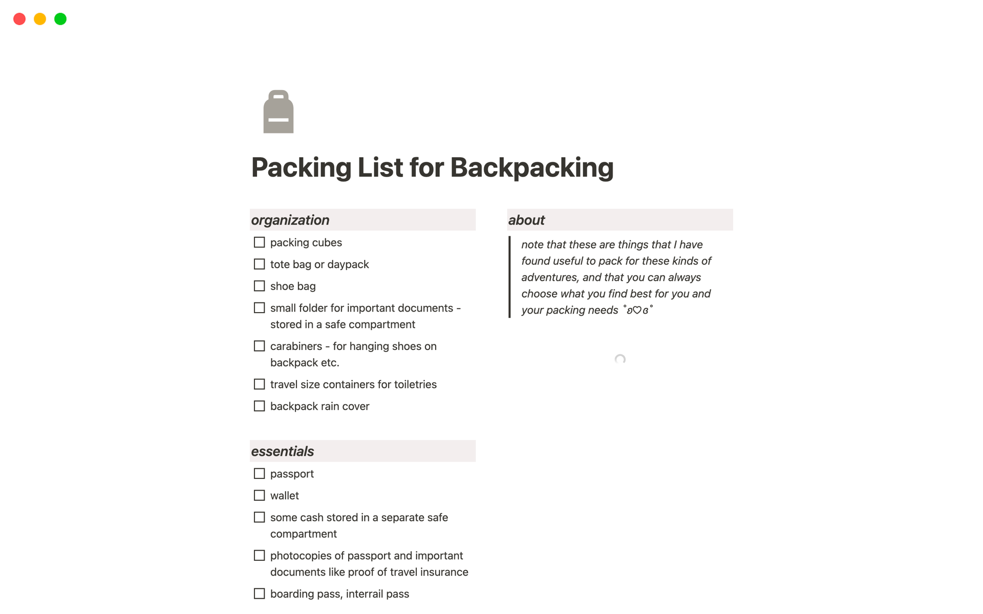 Simple Packing List for Backpacking Notion Template