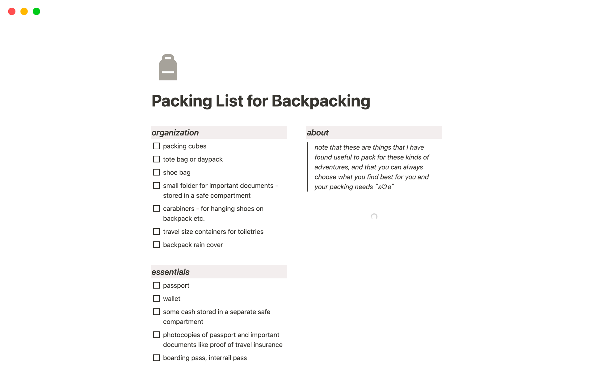 A template preview for Simple Packing List for Backpacking