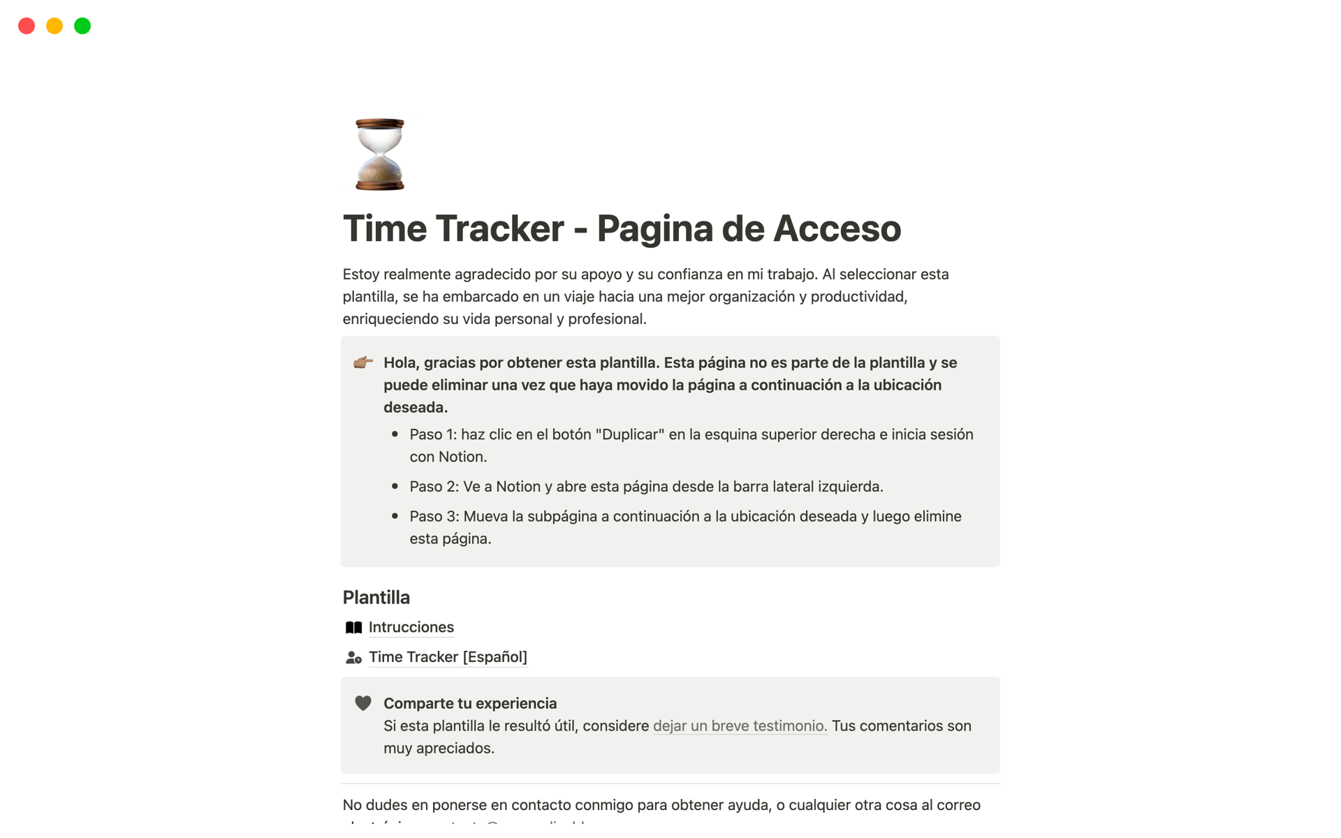 A template preview for Time Tracker un Plantilla de Notion