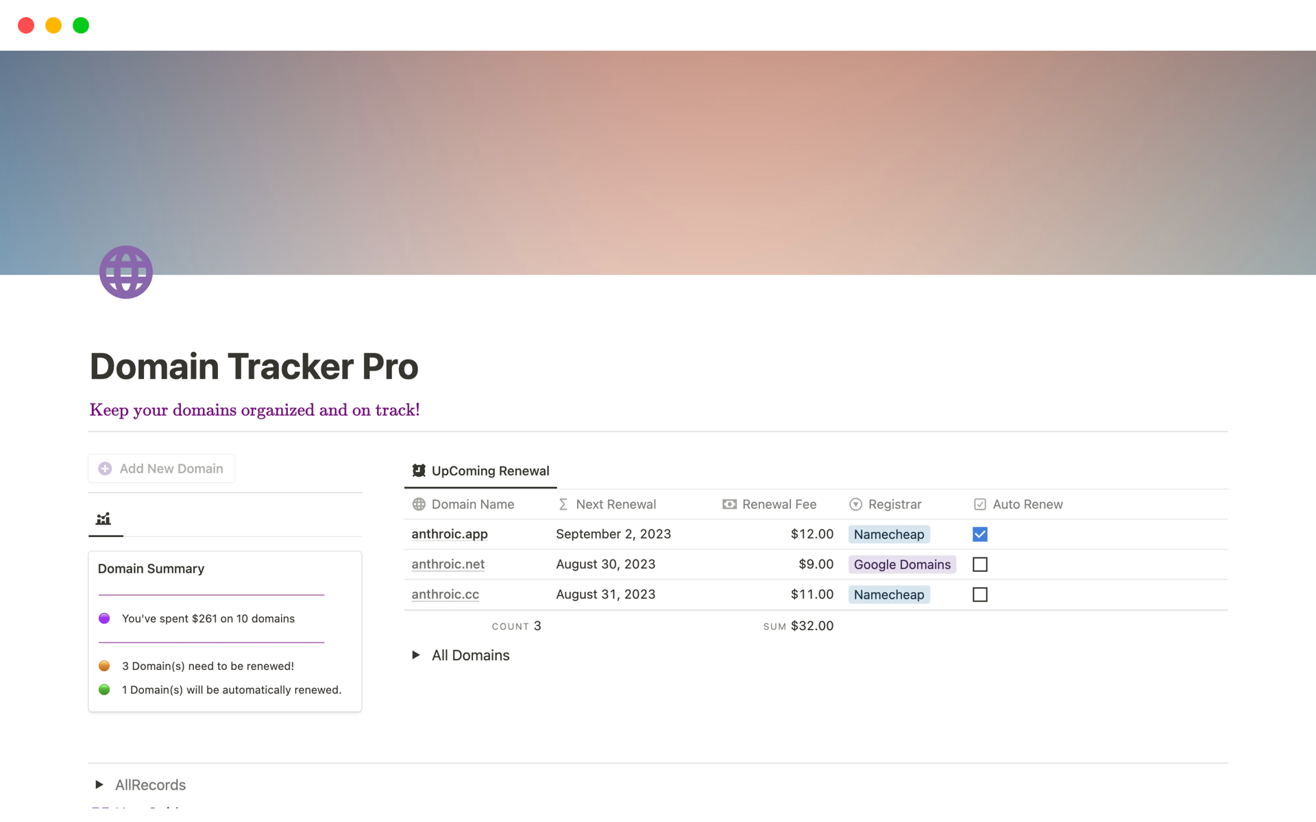 A template preview for Domain Tracker Suite