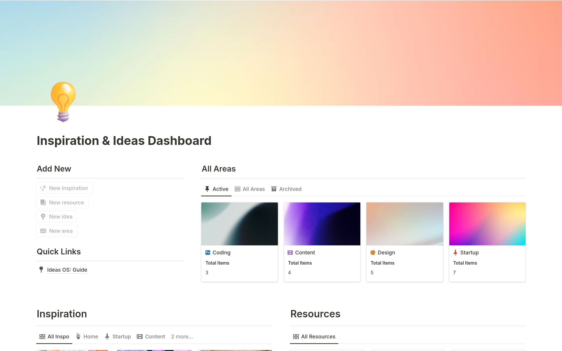 A template preview for Ideas and Inspiration Dashboard