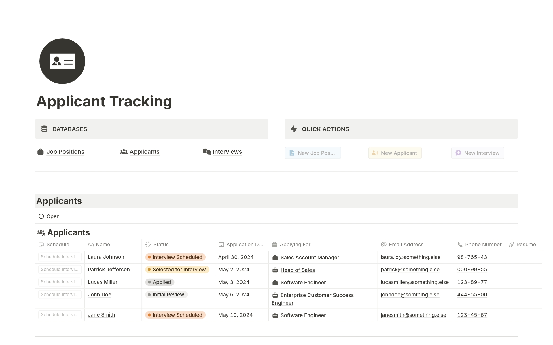 Vista previa de plantilla para Applicant Tracking