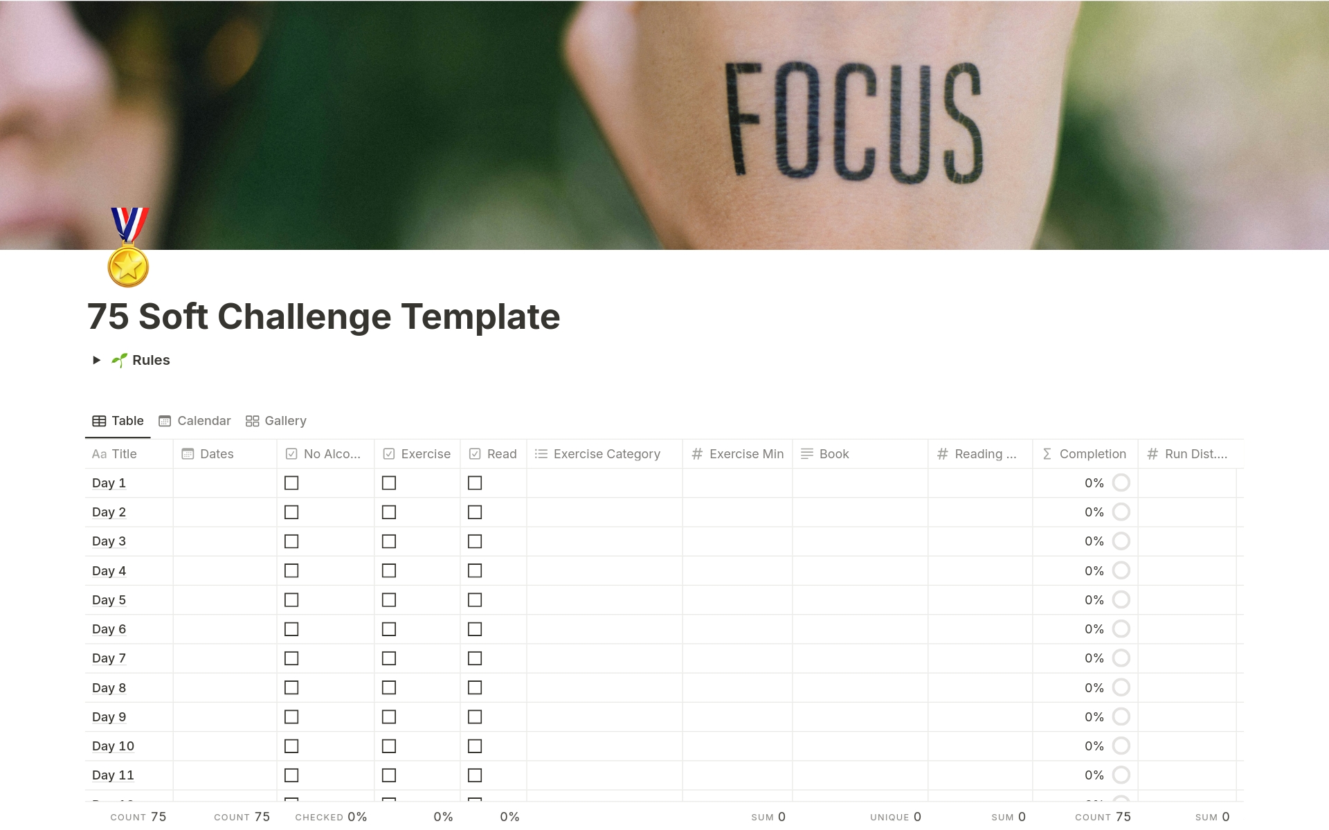 This is a customizable template to help track your daily progress during the 75-day soft challenge