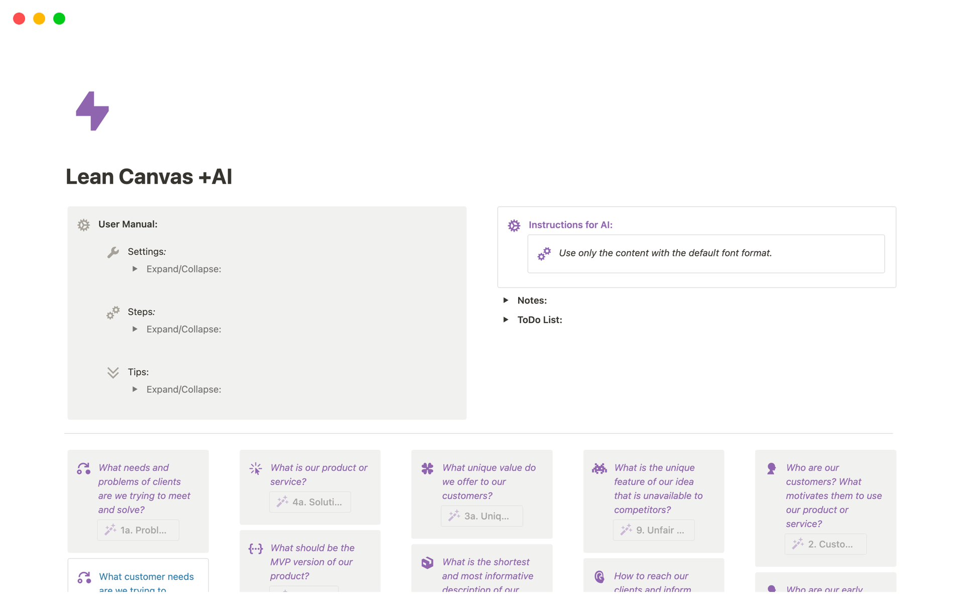 Lean Canvas +AI Notion Template