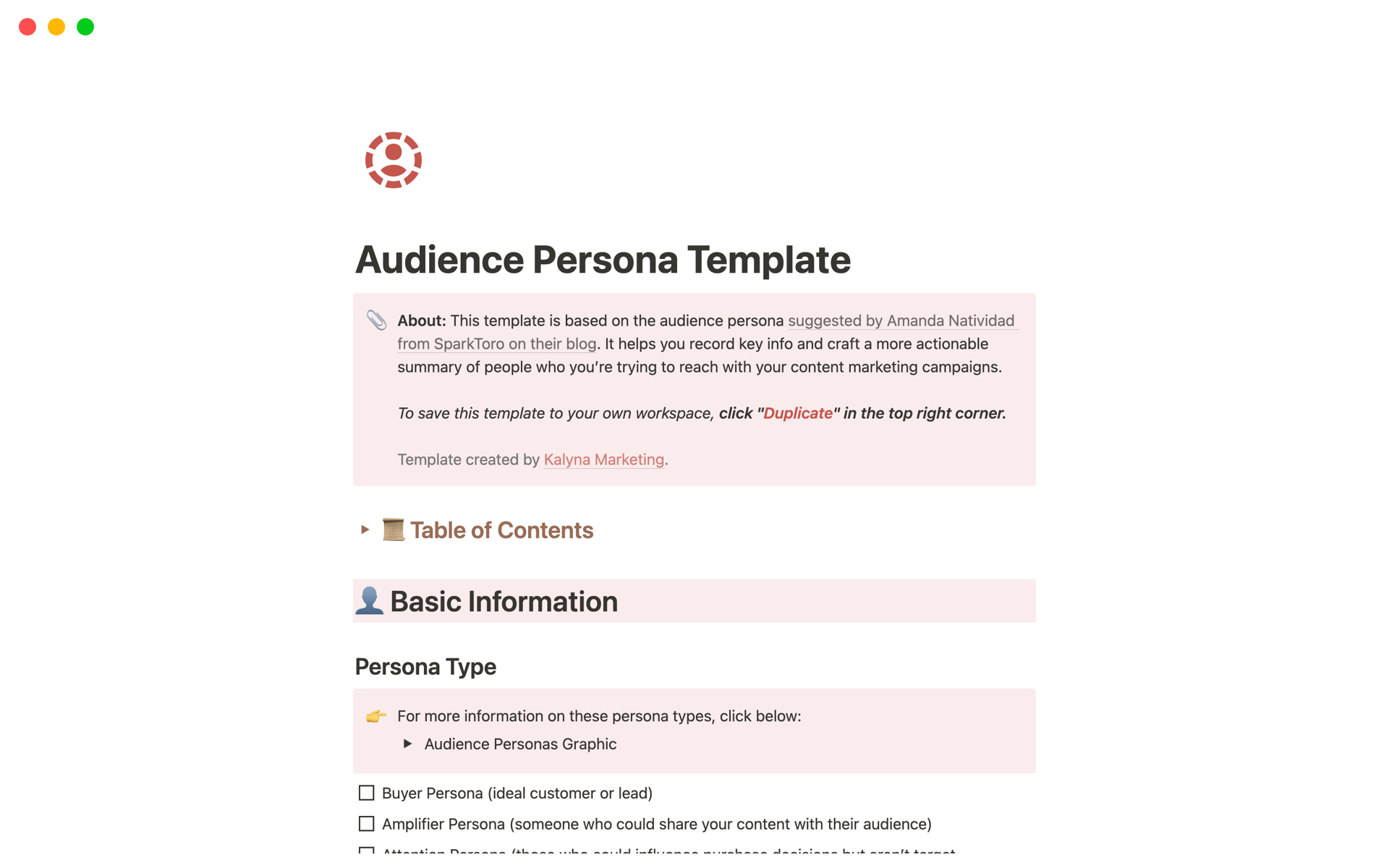A template preview for Audience Persona Template