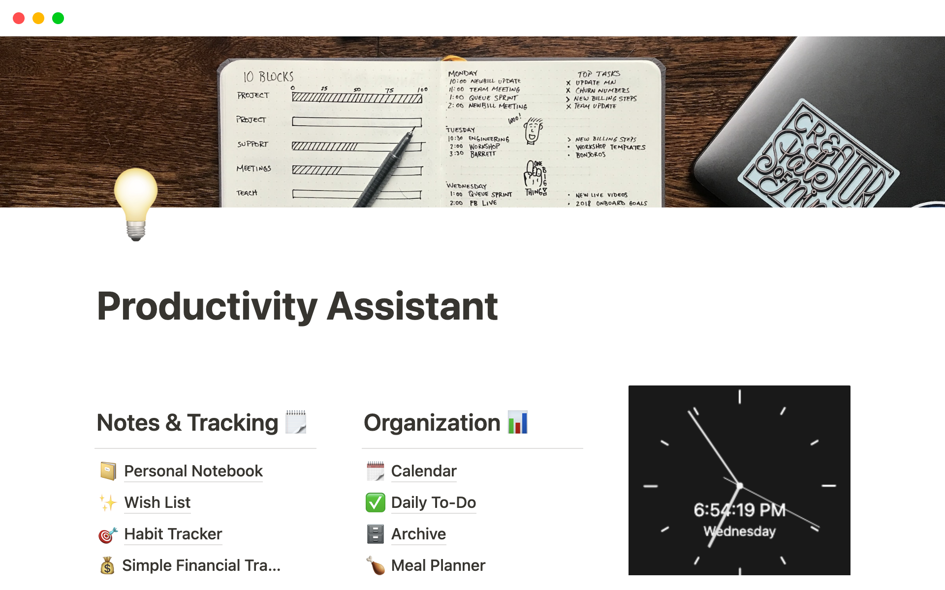 A template preview for Productivity Assistant