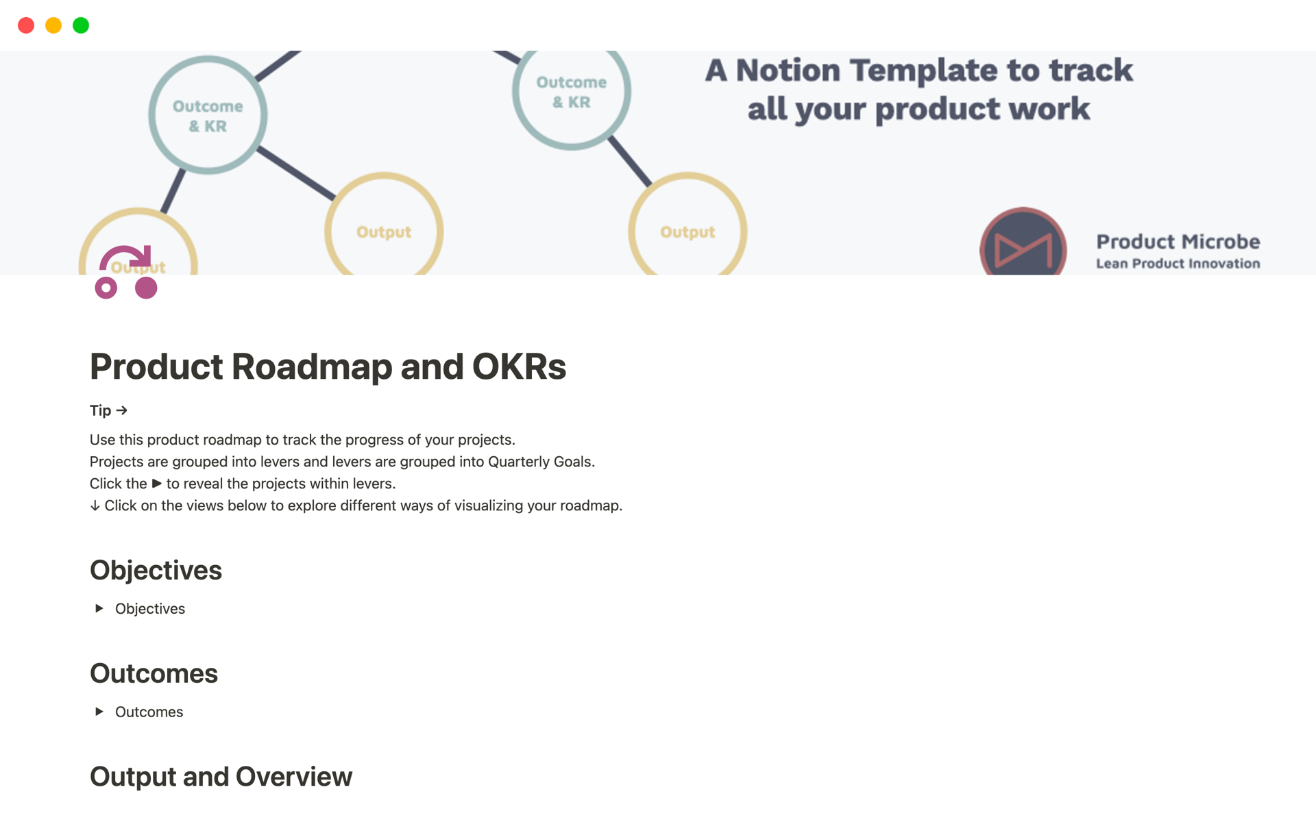 Vista previa de plantilla para Product Roadmap and OKRs