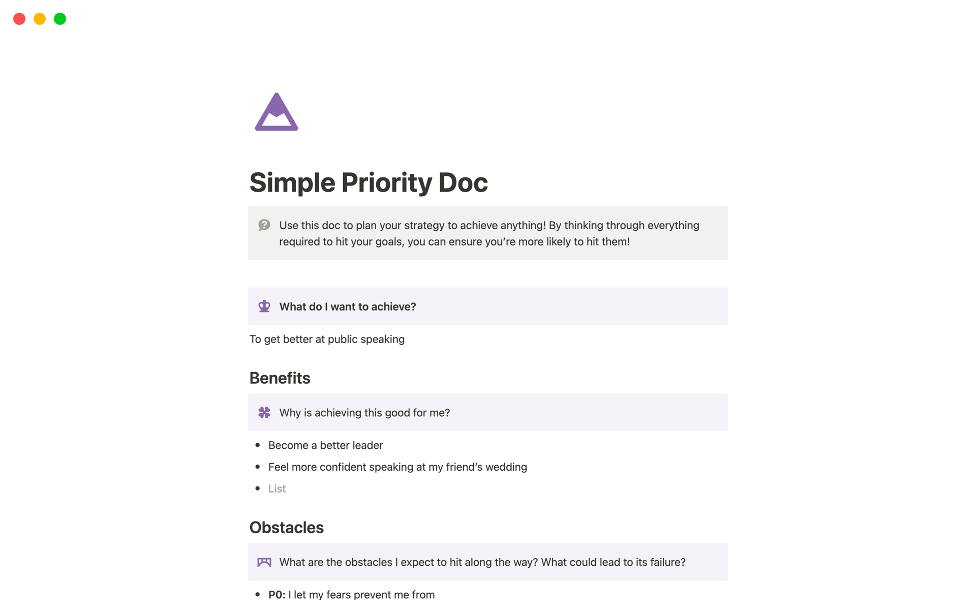 A template preview for Simple Personal Priority Doc