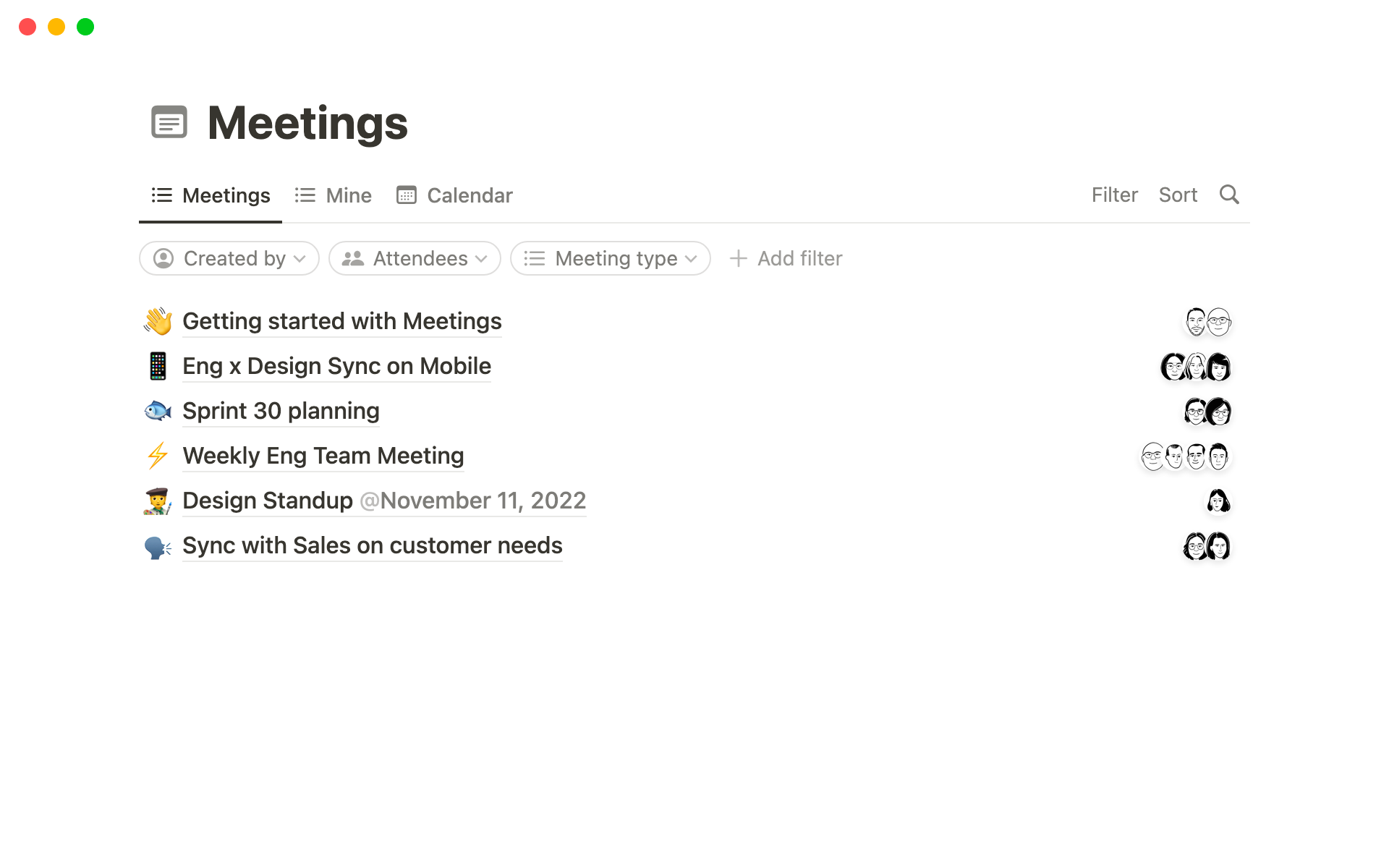 Organize team meetings in one place, with agendas, notes, and a calendar view.