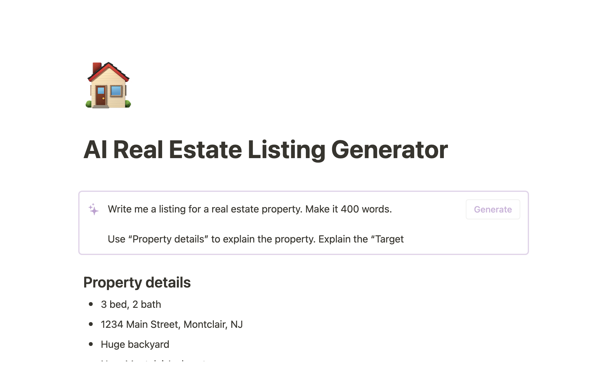 A template preview for AI Real Estate Listing Generator