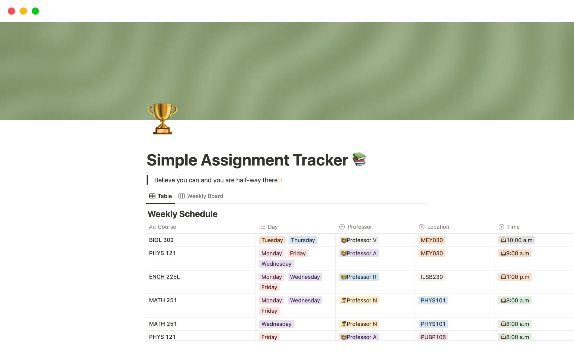A template preview for Simple Assignment Tracker
