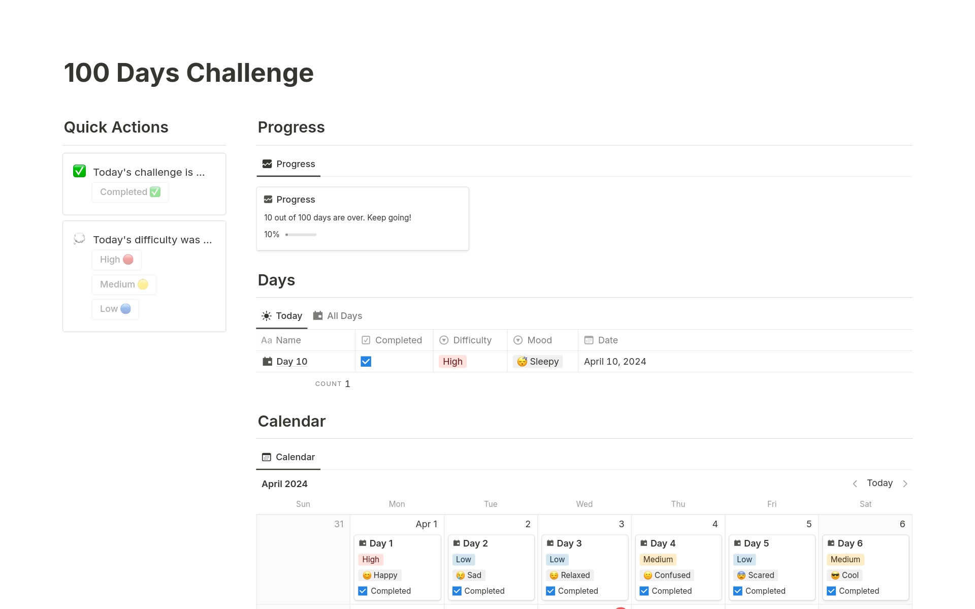 Eine Vorlagenvorschau für 100 Days Challenge