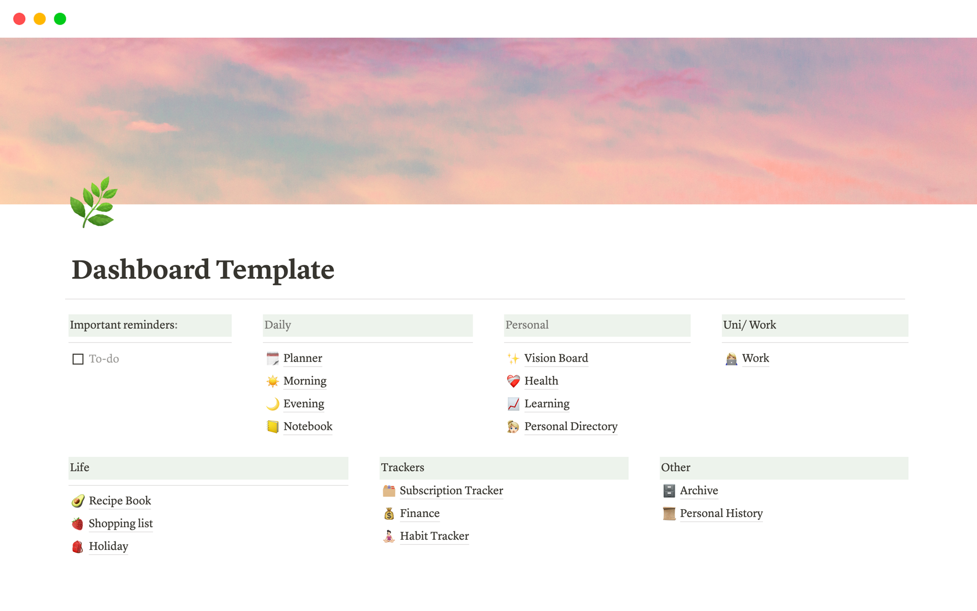 A template preview for  Ultimate Personal Dashboard Template