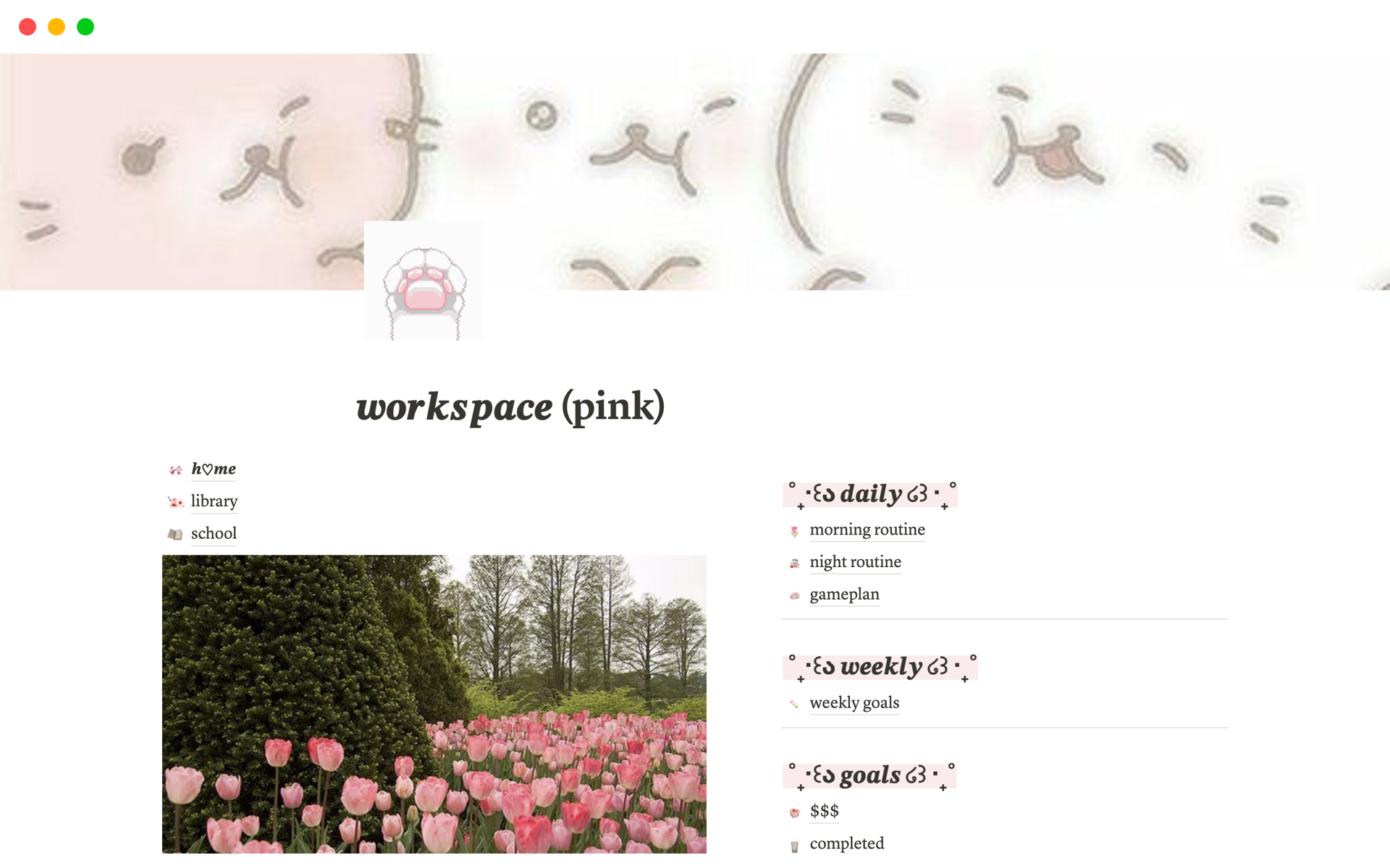 En forhåndsvisning av mal for workspace (pink)